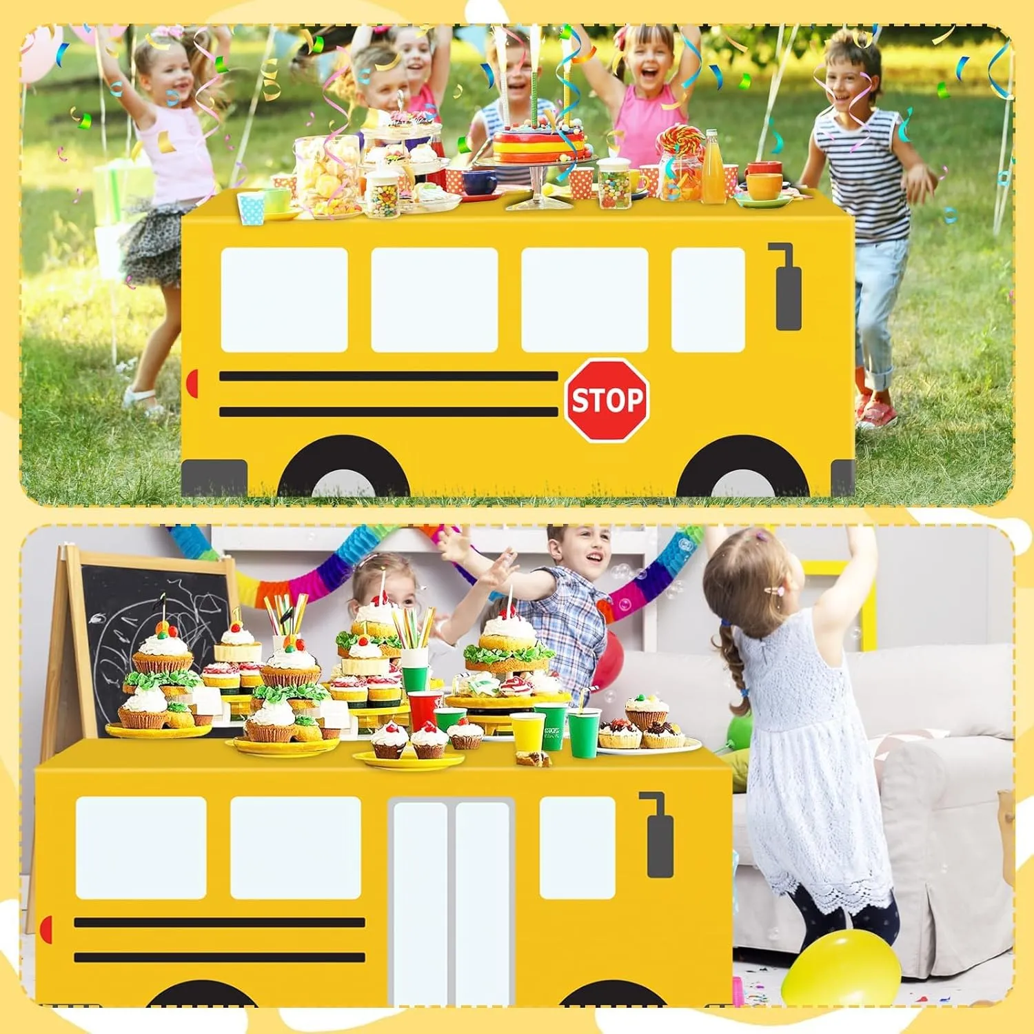 Cumule School Bus Tablecloth Cover First Day of School Party Table Cloth Cartoon School Bus Theme Party Birthday Decoration Washable Polyester Rectangle Table Cover Decor for Party Back to School Day