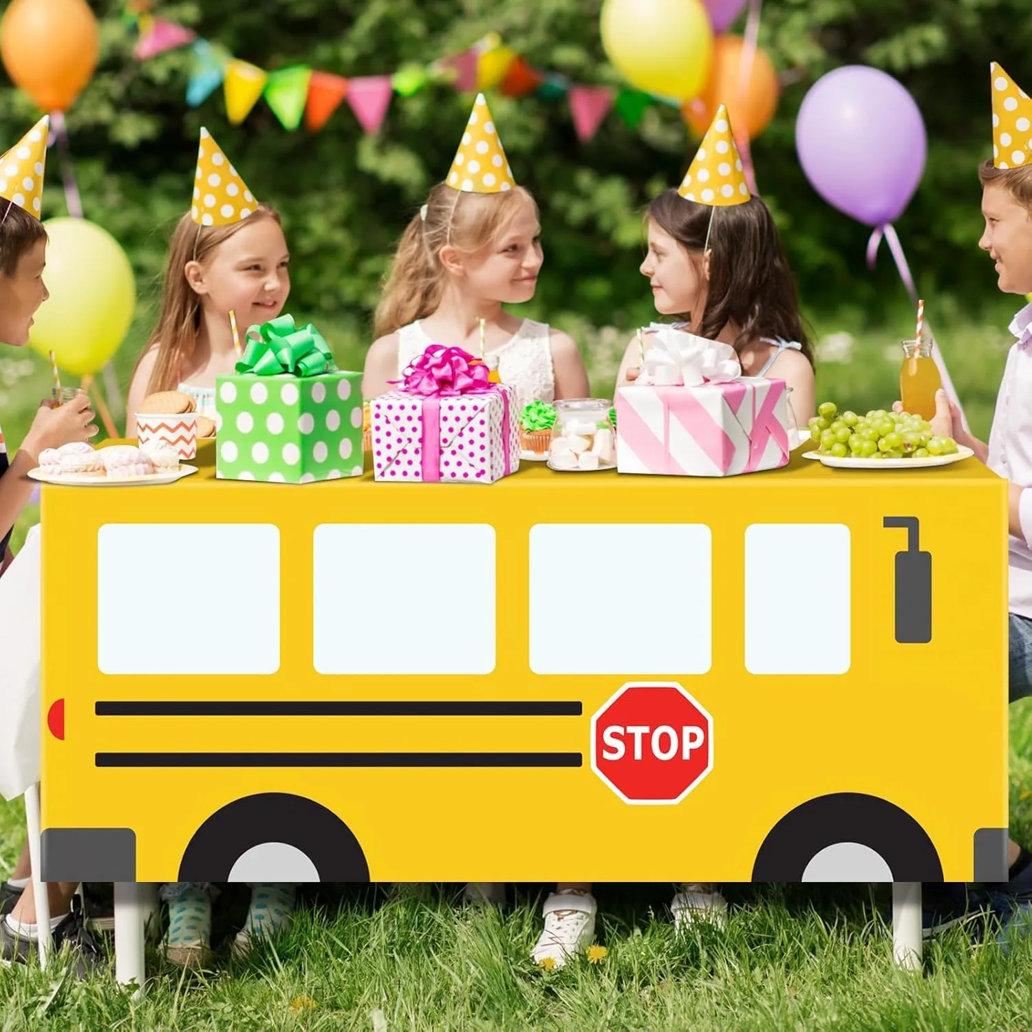 Cumule School Bus Tablecloth Cover First Day of School Party Table Cloth Cartoon School Bus Theme Party Birthday Decoration Washable Polyester Rectangle Table Cover Decor for Party Back to School Day