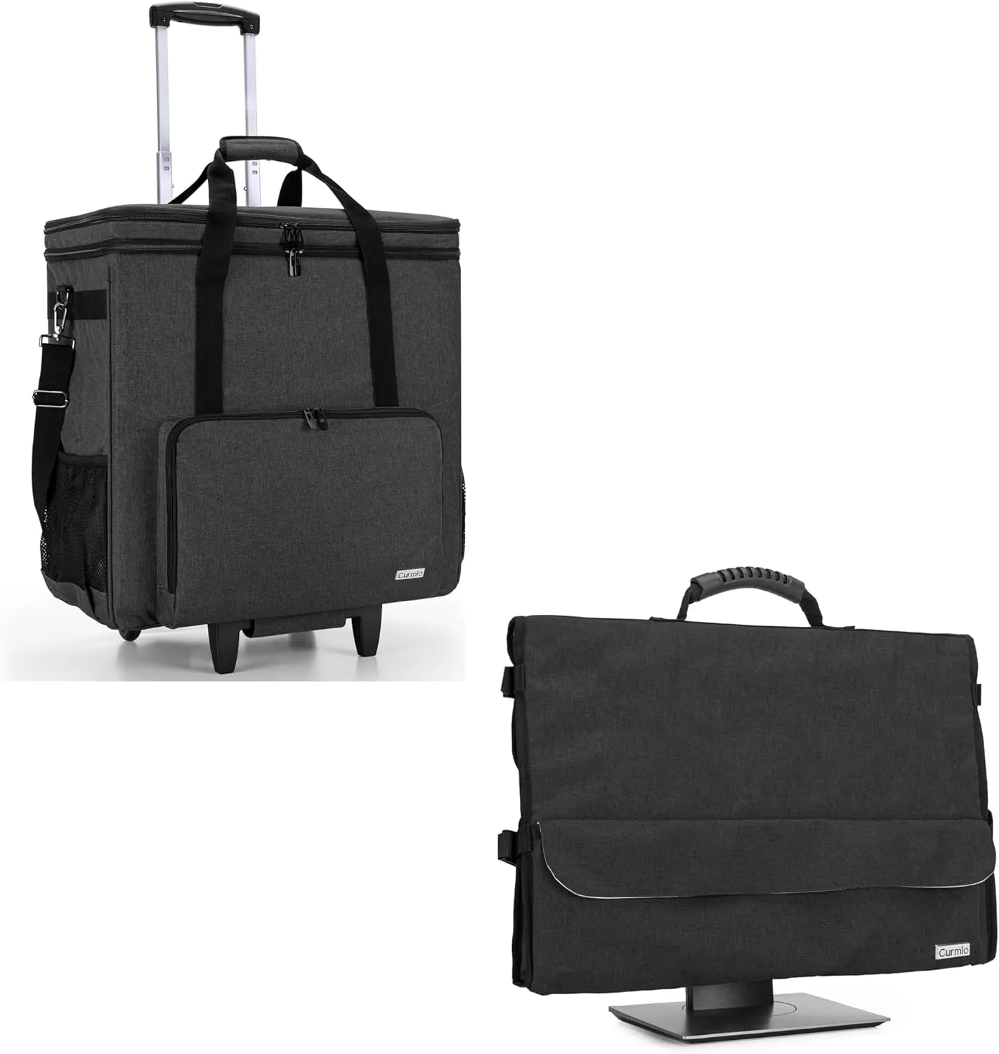 CURMIO Rolling PC Carrying Case, Double Layers Desktop Tower Travel Bag, Universal 24" Computer Monitor Bag with Rubber Handle and Pockets, Black