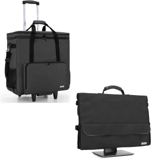 CURMIO Rolling PC Carrying Case, Double Layers Desktop Tower Travel Bag, Universal 24" Computer Monitor Bag with Rubber Handle and Pockets, Black
