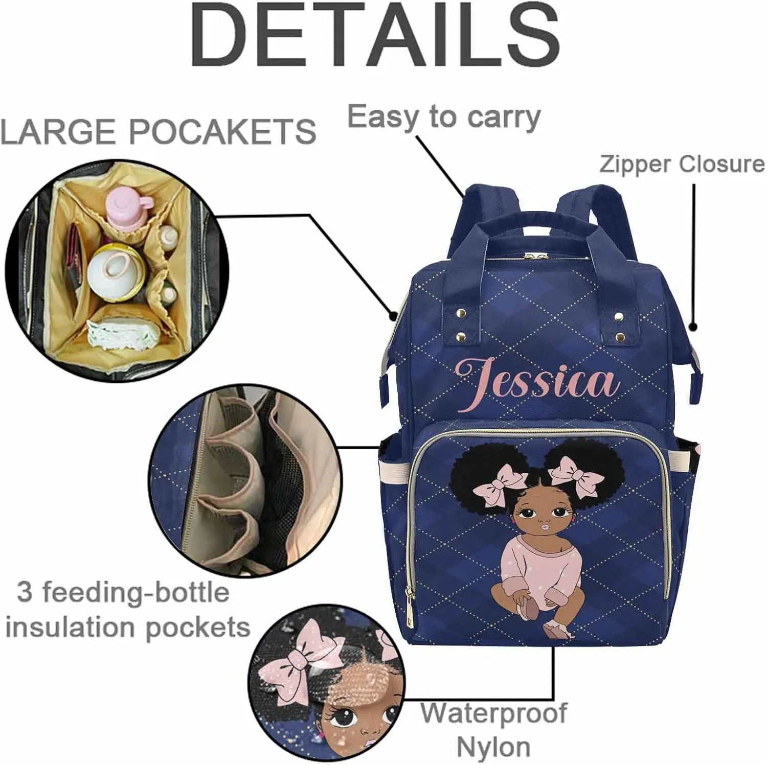 Custom African Princess Diaper Bag with Dark Blue Check for Baby Women, Personalized Name Mommy Nursing Daypack with Large Capacity for Travel Baby Nylon Backpack, Mother's Day Gift for Women