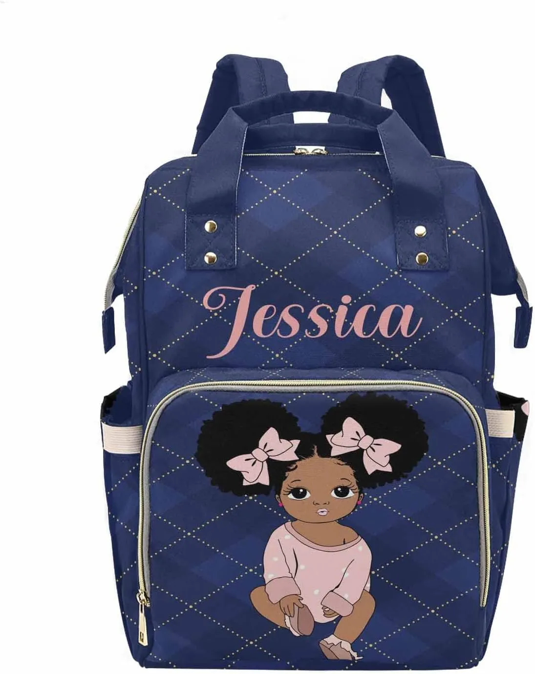 Custom African Princess Diaper Bag with Dark Blue Check for Baby Women, Personalized Name Mommy Nursing Daypack with Large Capacity for Travel Baby Nylon Backpack, Mother's Day Gift for Women