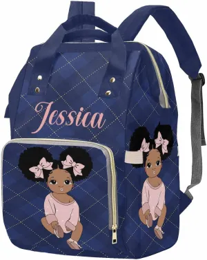 Custom African Princess Diaper Bag with Dark Blue Check for Baby Women, Personalized Name Mommy Nursing Daypack with Large Capacity for Travel Baby Nylon Backpack, Mother's Day Gift for Women
