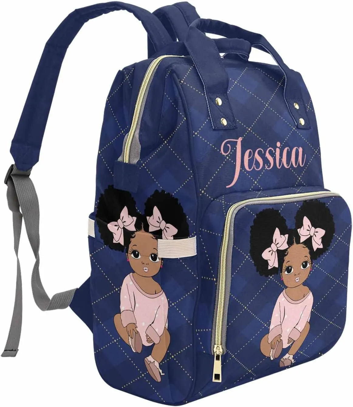 Custom African Princess Diaper Bag with Dark Blue Check for Baby Women, Personalized Name Mommy Nursing Daypack with Large Capacity for Travel Baby Nylon Backpack, Mother's Day Gift for Women