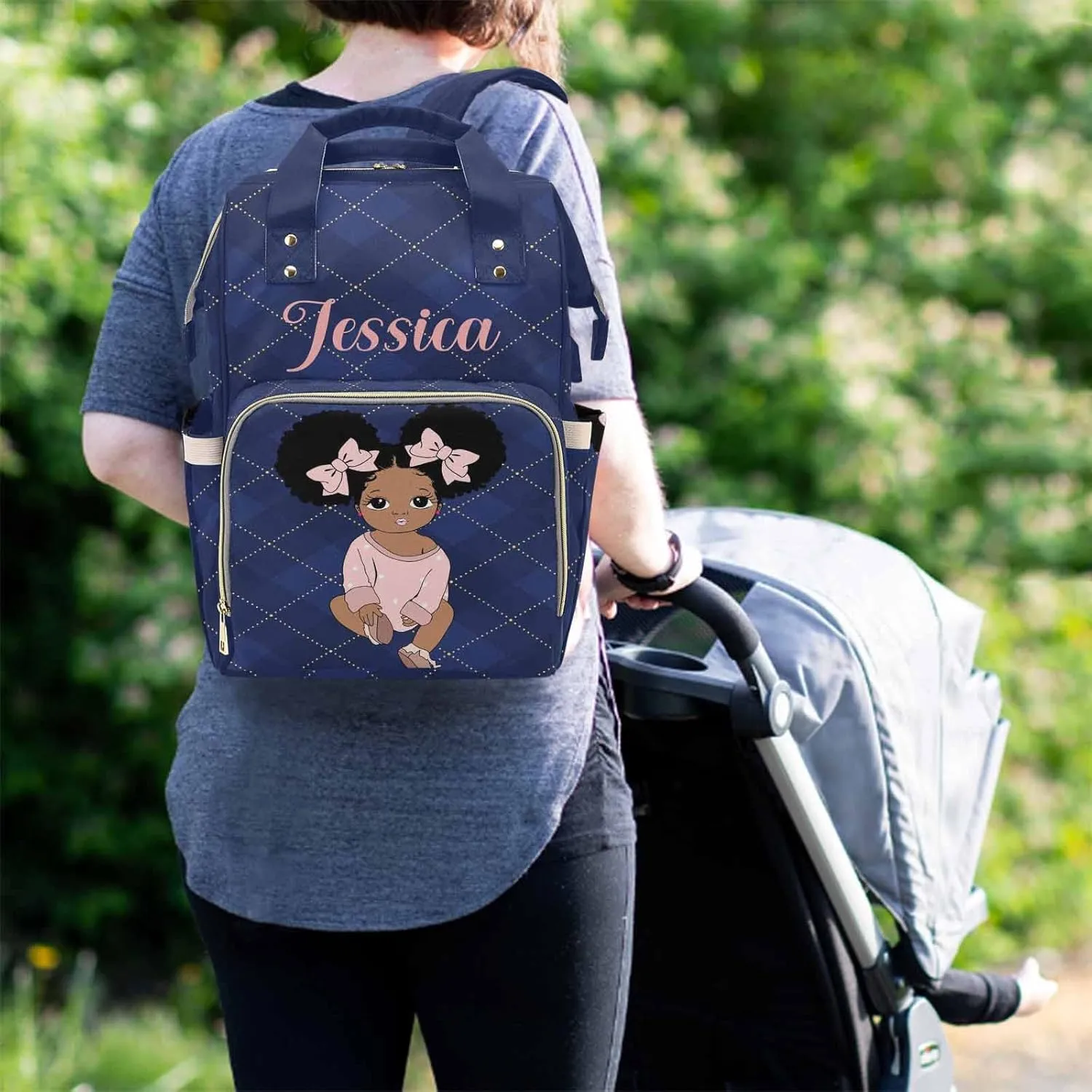 Custom African Princess Diaper Bag with Dark Blue Check for Baby Women, Personalized Name Mommy Nursing Daypack with Large Capacity for Travel Baby Nylon Backpack, Mother's Day Gift for Women