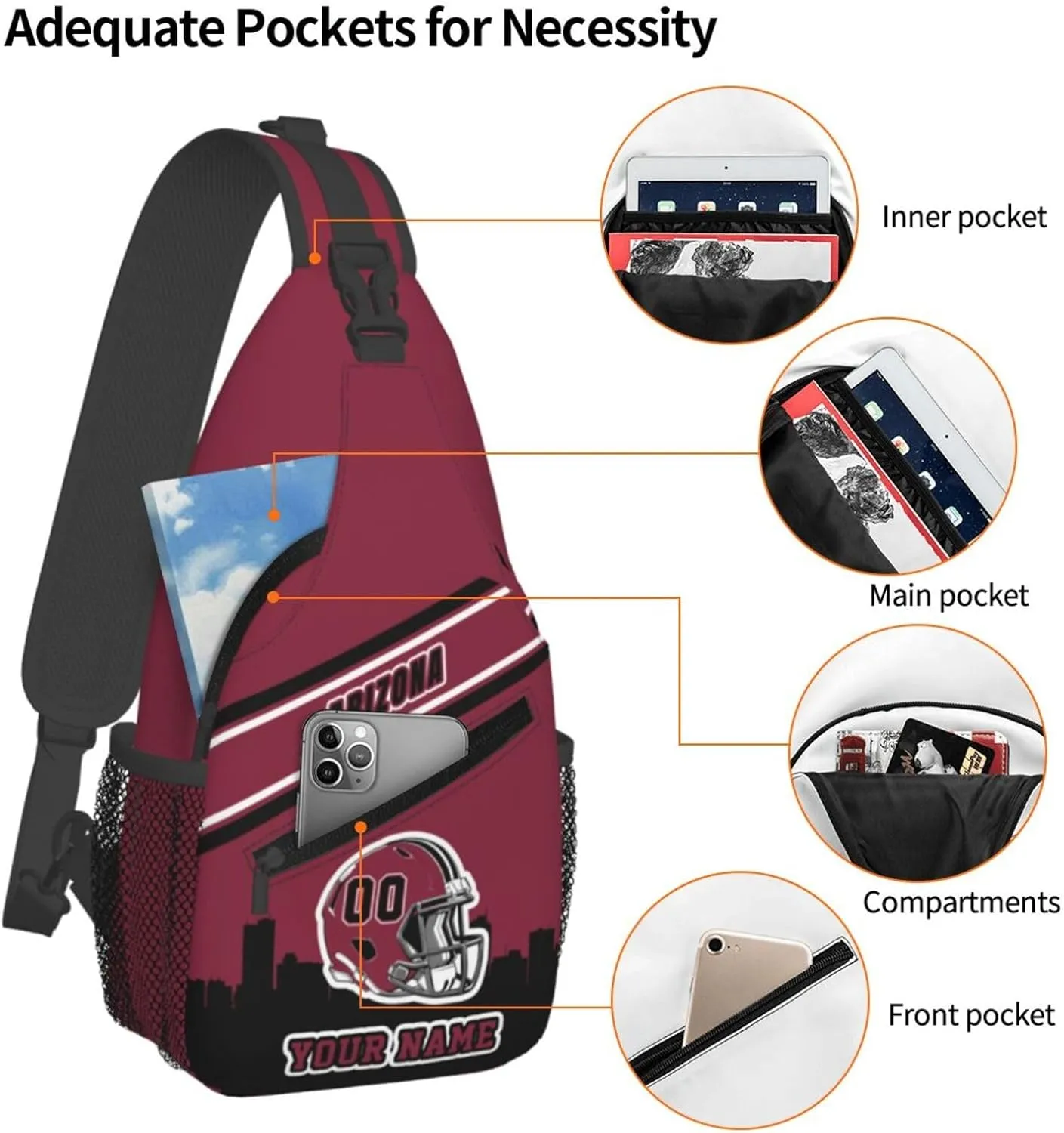 Custom Arizona Sling Bag, Personalized Crossbody Bags For Men Women, Customize Name And Number Sling Shoulder Backpack For Travel Hiking Daypack Sports Outdoor