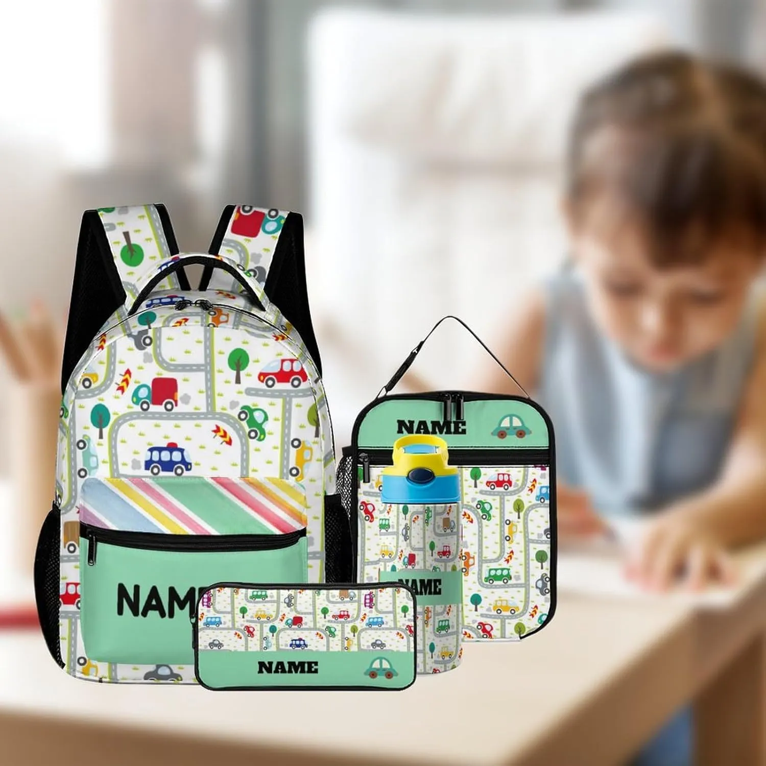 Custom Car Cartoon Backpack Set 4 in 1 Personalized Add Your Name School Bag with Lunch Bag Pencil Case Water Bottle Customized Backpack for Kids Girls Boys