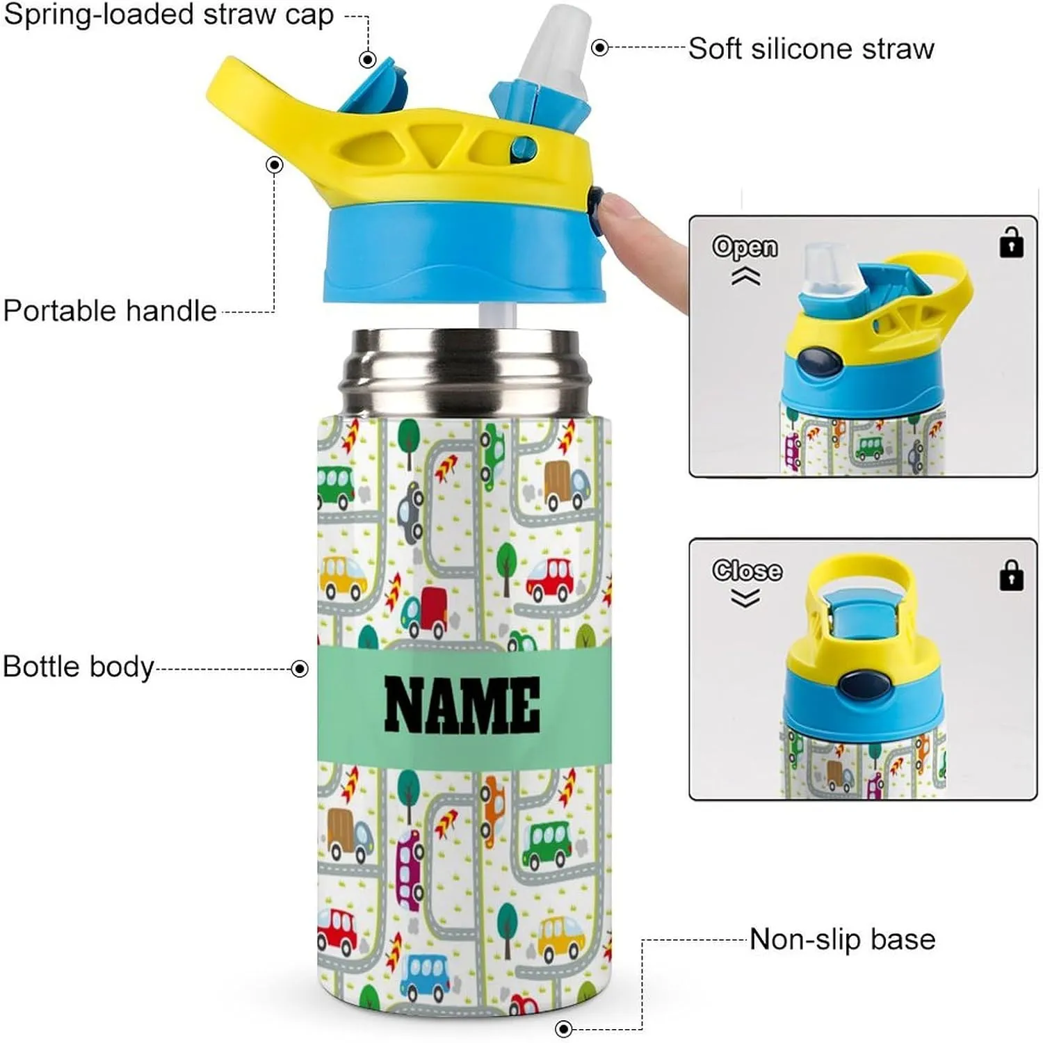 Custom Car Cartoon Backpack Set 4 in 1 Personalized Add Your Name School Bag with Lunch Bag Pencil Case Water Bottle Customized Backpack for Kids Girls Boys