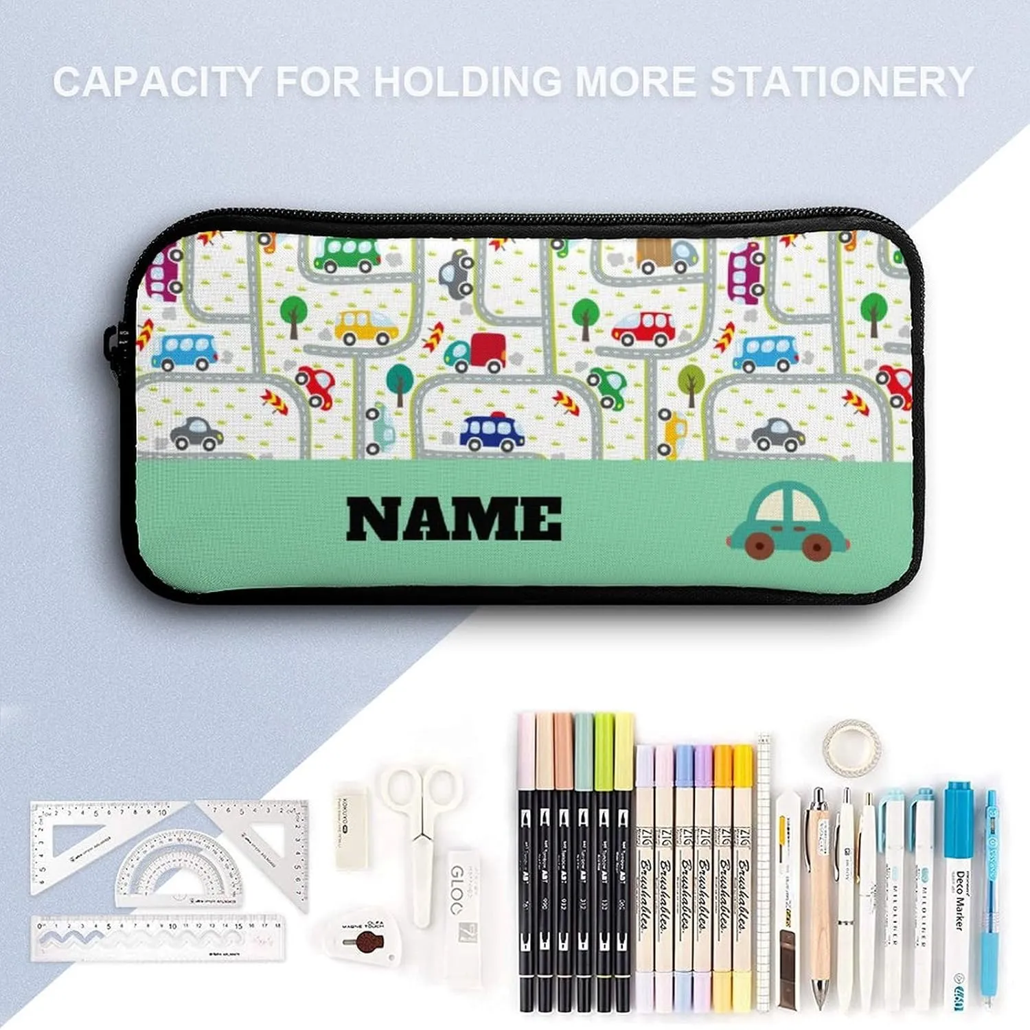 Custom Car Cartoon Backpack Set 4 in 1 Personalized Add Your Name School Bag with Lunch Bag Pencil Case Water Bottle Customized Backpack for Kids Girls Boys