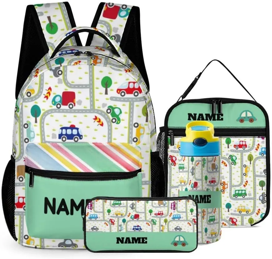 Custom Car Cartoon Backpack Set 4 in 1 Personalized Add Your Name School Bag with Lunch Bag Pencil Case Water Bottle Customized Backpack for Kids Girls Boys