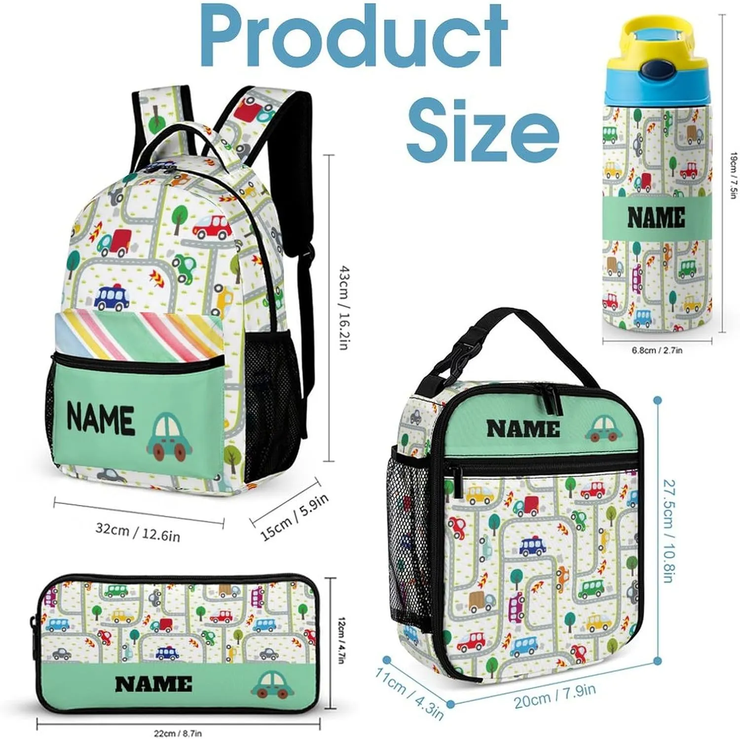 Custom Car Cartoon Backpack Set 4 in 1 Personalized Add Your Name School Bag with Lunch Bag Pencil Case Water Bottle Customized Backpack for Kids Girls Boys