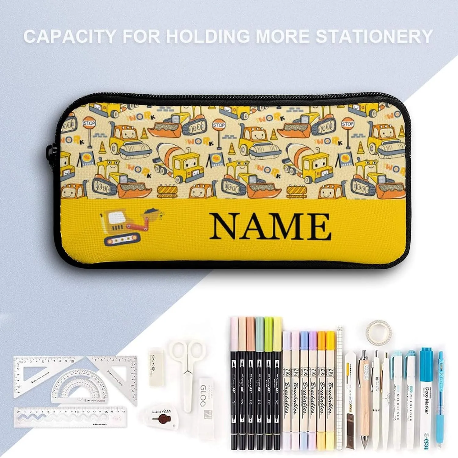 Custom Cartoon Car Excavator Backpacks 4 Piece Set Personalized Add Name Backpack with Lunch Bag Pencil Bag Kids Water Bottle Customization School Book Bags for Boys Girls