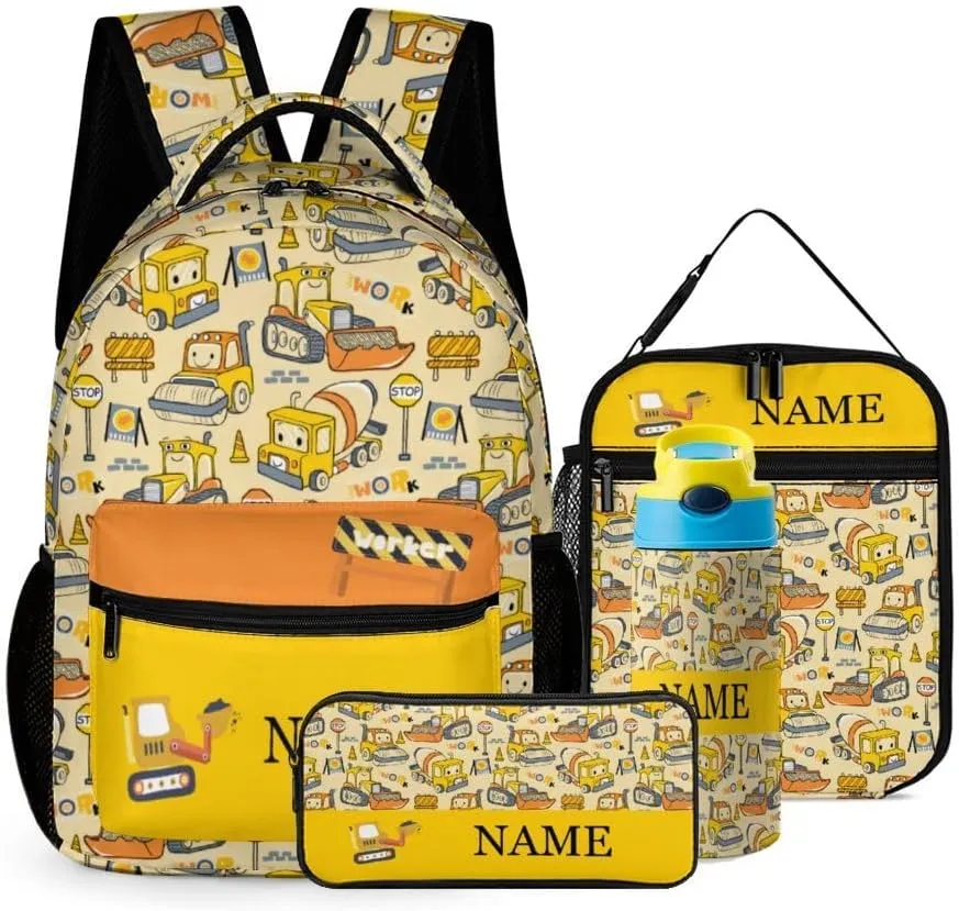 Custom Cartoon Car Excavator Backpacks 4 Piece Set Personalized Add Name Backpack with Lunch Bag Pencil Bag Kids Water Bottle Customization School Book Bags for Boys Girls