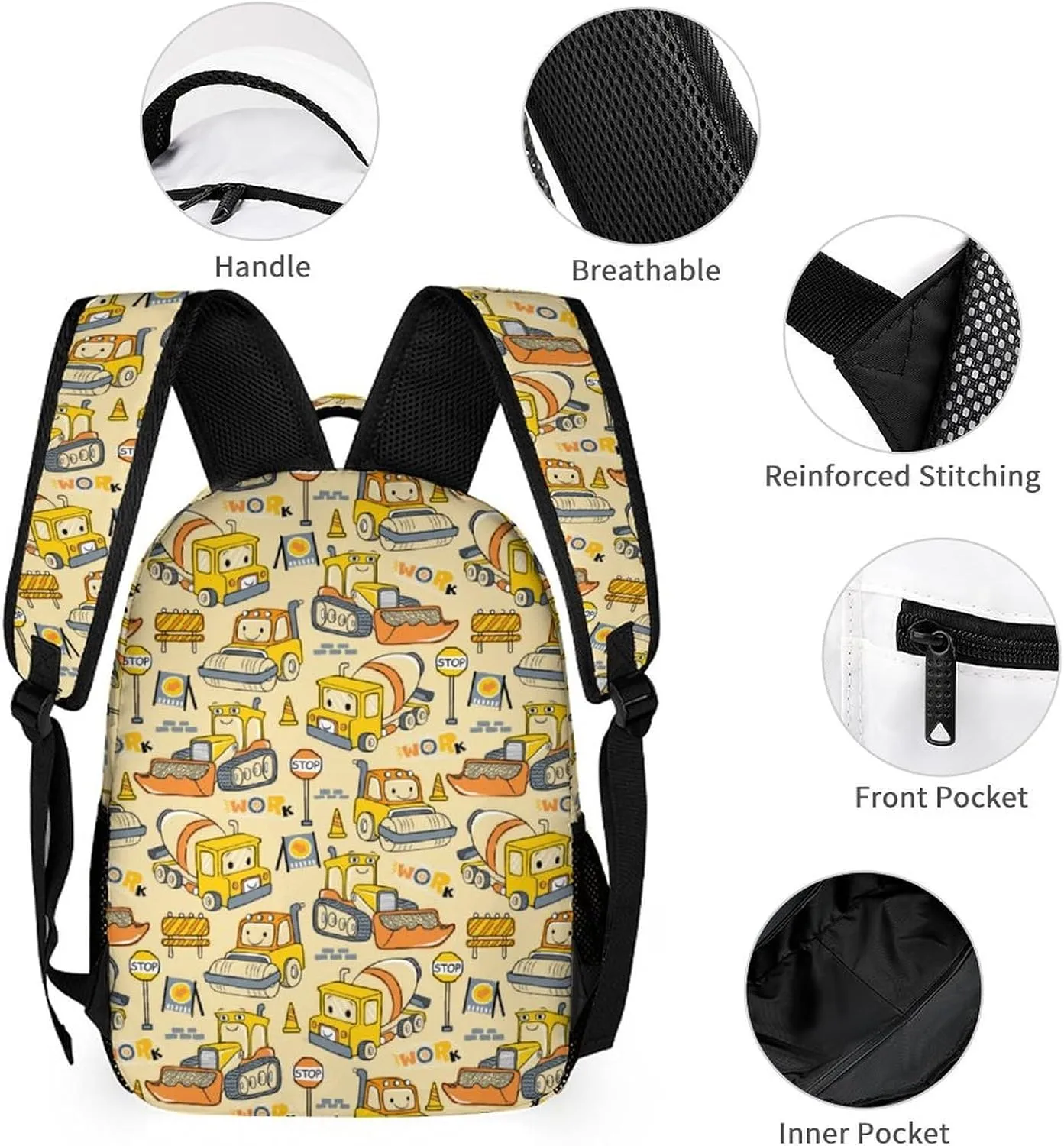 Custom Cartoon Car Excavator Backpacks 4 Piece Set Personalized Add Name Backpack with Lunch Bag Pencil Bag Kids Water Bottle Customization School Book Bags for Boys Girls