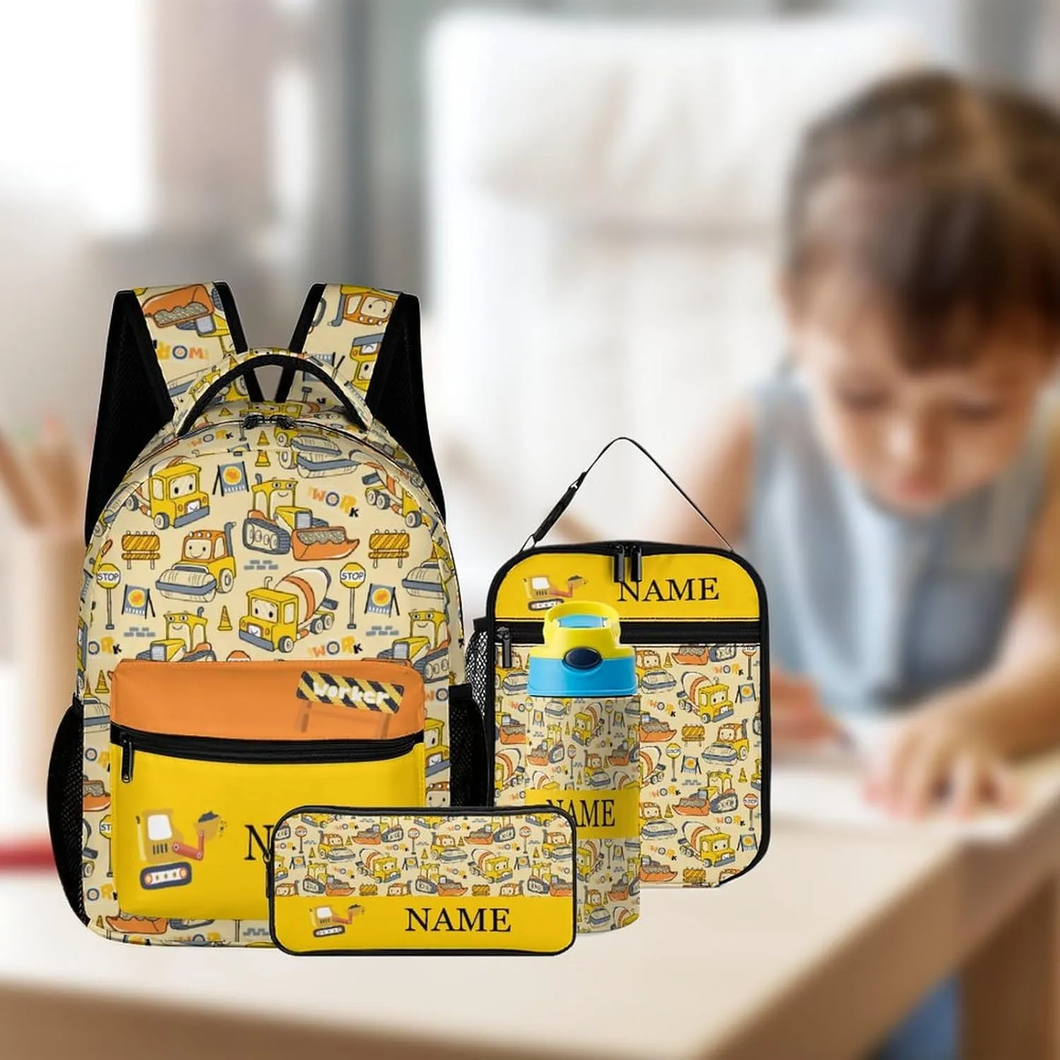 Custom Cartoon Car Excavator Backpacks 4 Piece Set Personalized Add Name Backpack with Lunch Bag Pencil Bag Kids Water Bottle Customization School Book Bags for Boys Girls