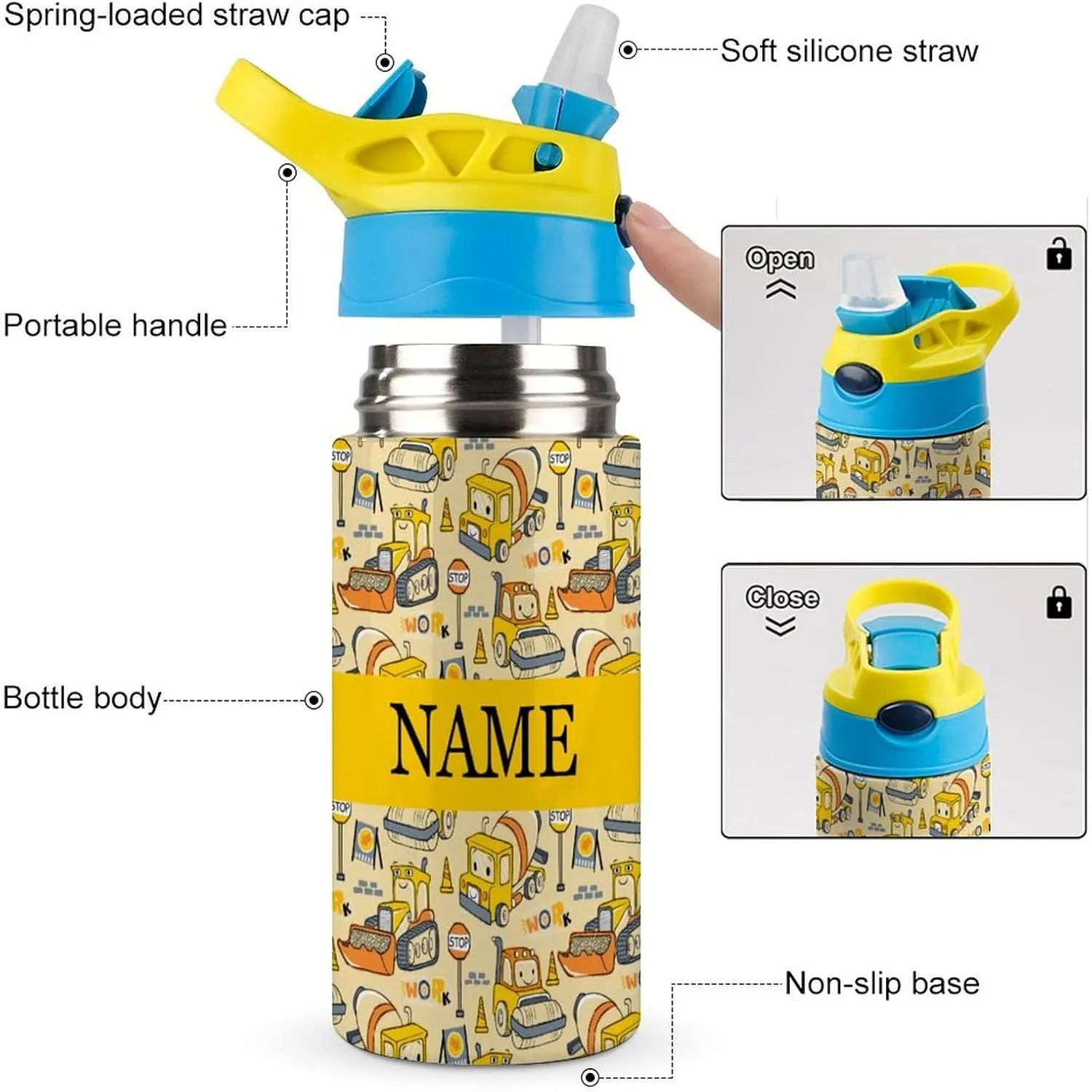 Custom Cartoon Car Excavator Backpacks 4 Piece Set Personalized Add Name Backpack with Lunch Bag Pencil Bag Kids Water Bottle Customization School Book Bags for Boys Girls