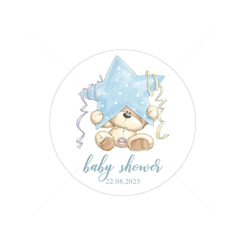 Custom Cartoon Teddy Bear Stickers Welcome Baby Boy Girl Stickers Labels Personalized New Born Gender Reveal Baby Shower Decor