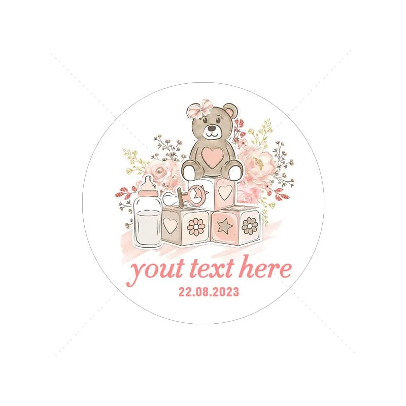 Custom Cartoon Teddy Bear Stickers Welcome Baby Boy Girl Stickers Labels Personalized New Born Gender Reveal Baby Shower Decor