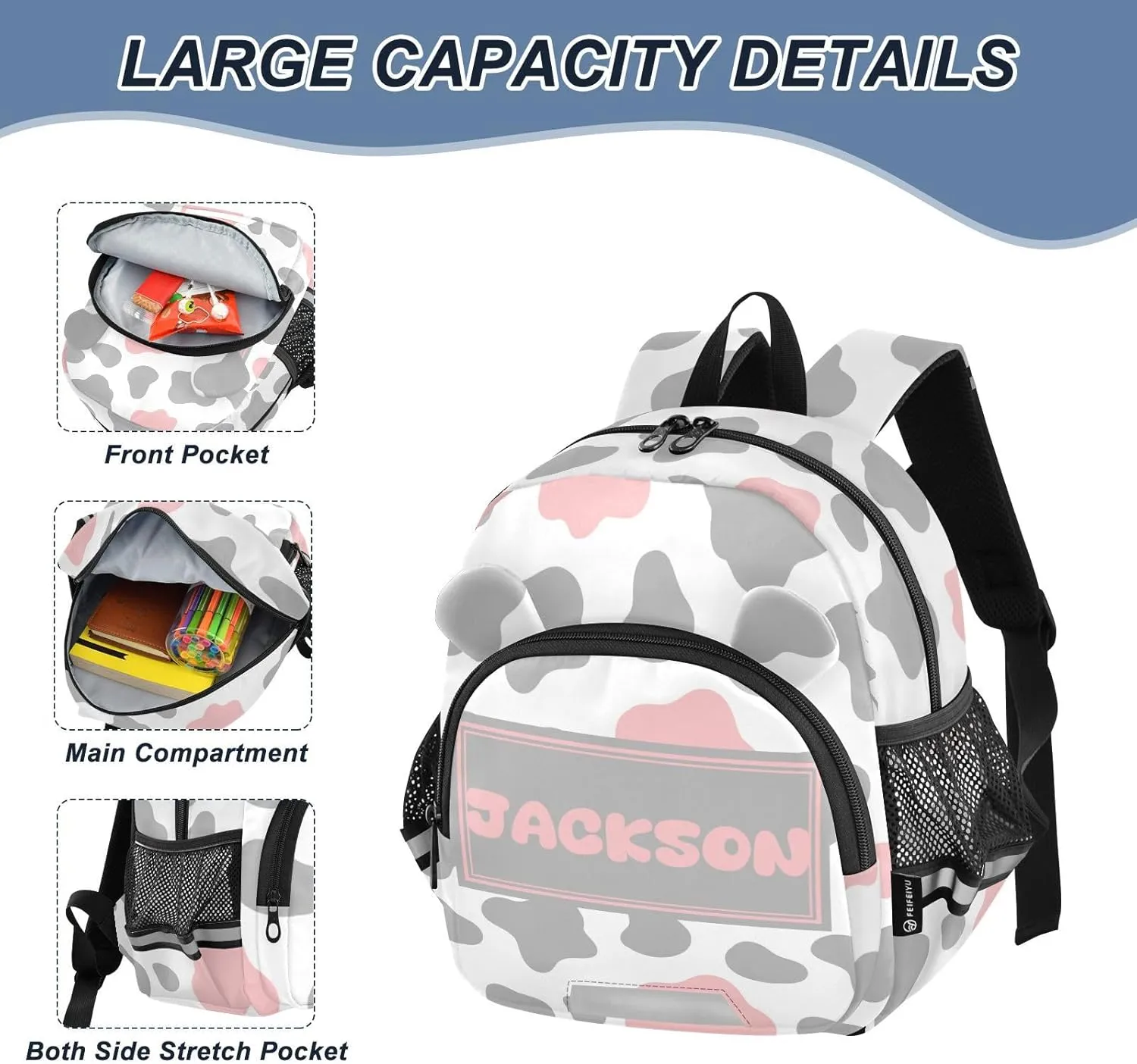 Custom Cow Pink Grey Preschool Backpack Design Daycare Bookbag School Backpack with Traction Rope Fashion Casual Cartoon School Travel Picnic Birthday for Kids 3-6