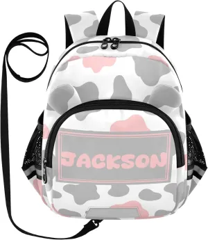 Custom Cow Pink Grey Preschool Backpack Design Daycare Bookbag School Backpack with Traction Rope Fashion Casual Cartoon School Travel Picnic Birthday for Kids 3-6