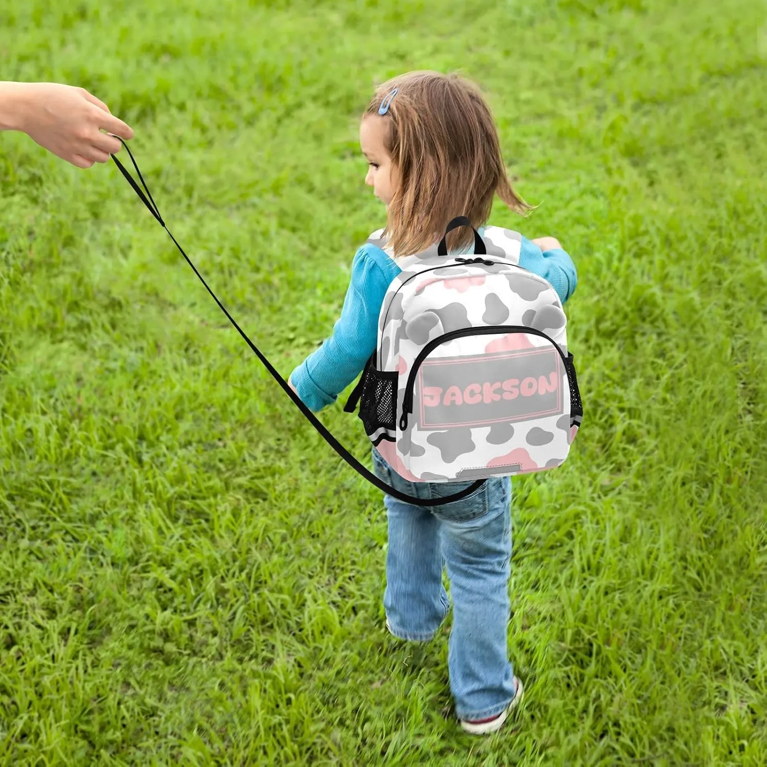 Custom Cow Pink Grey Preschool Backpack Design Daycare Bookbag School Backpack with Traction Rope Fashion Casual Cartoon School Travel Picnic Birthday for Kids 3-6