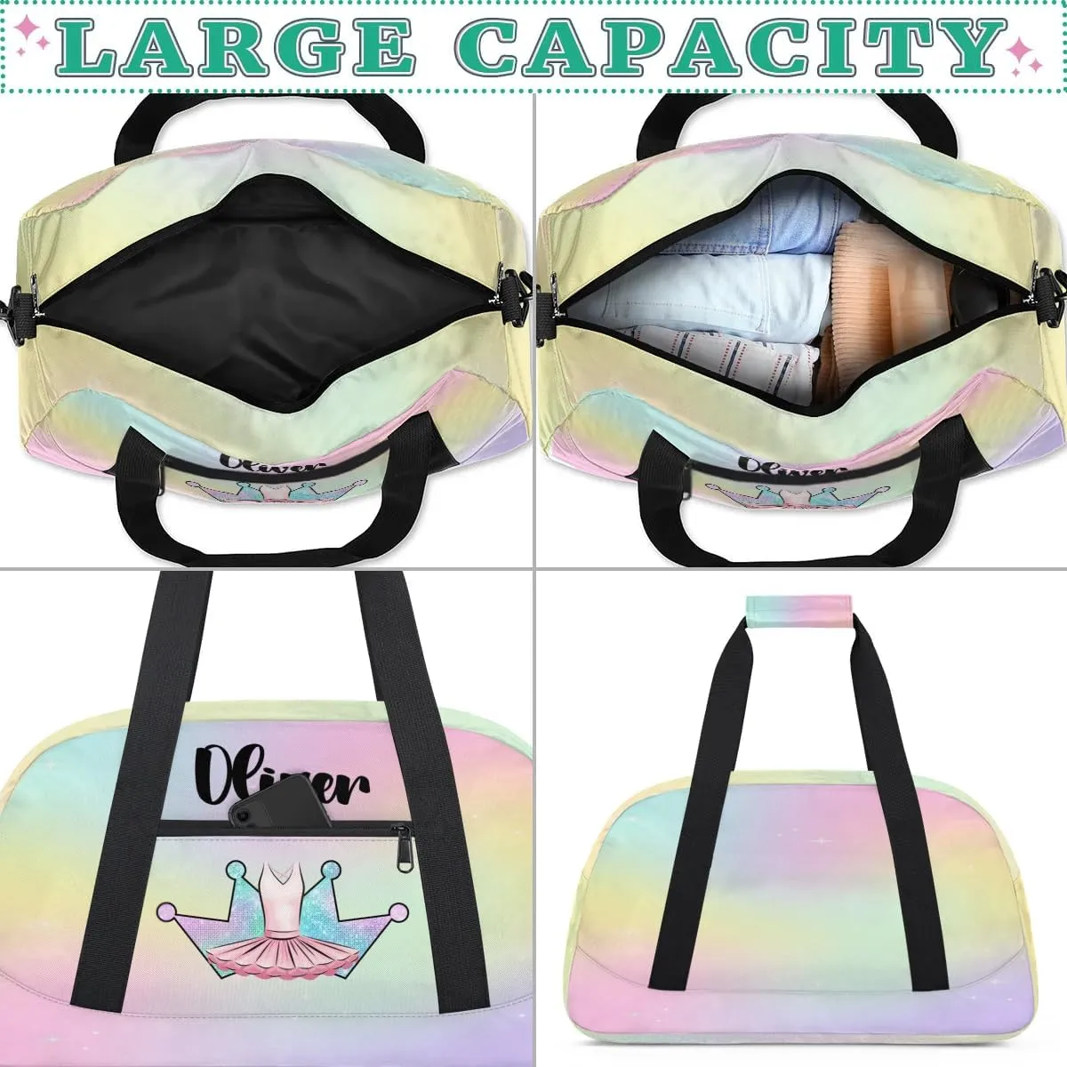 Custom Dance Bag Gymnastics Bag for Girl, Personalized Duffel Bag Sport Gym Bag Carry On Weekender Travel Bag Gift for Girl Colorful Crown Ballet Dress2