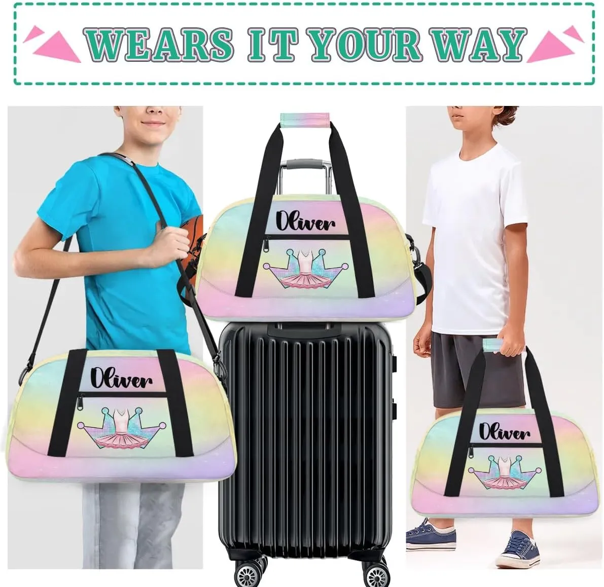 Custom Dance Bag Gymnastics Bag for Girl, Personalized Duffel Bag Sport Gym Bag Carry On Weekender Travel Bag Gift for Girl Colorful Crown Ballet Dress2