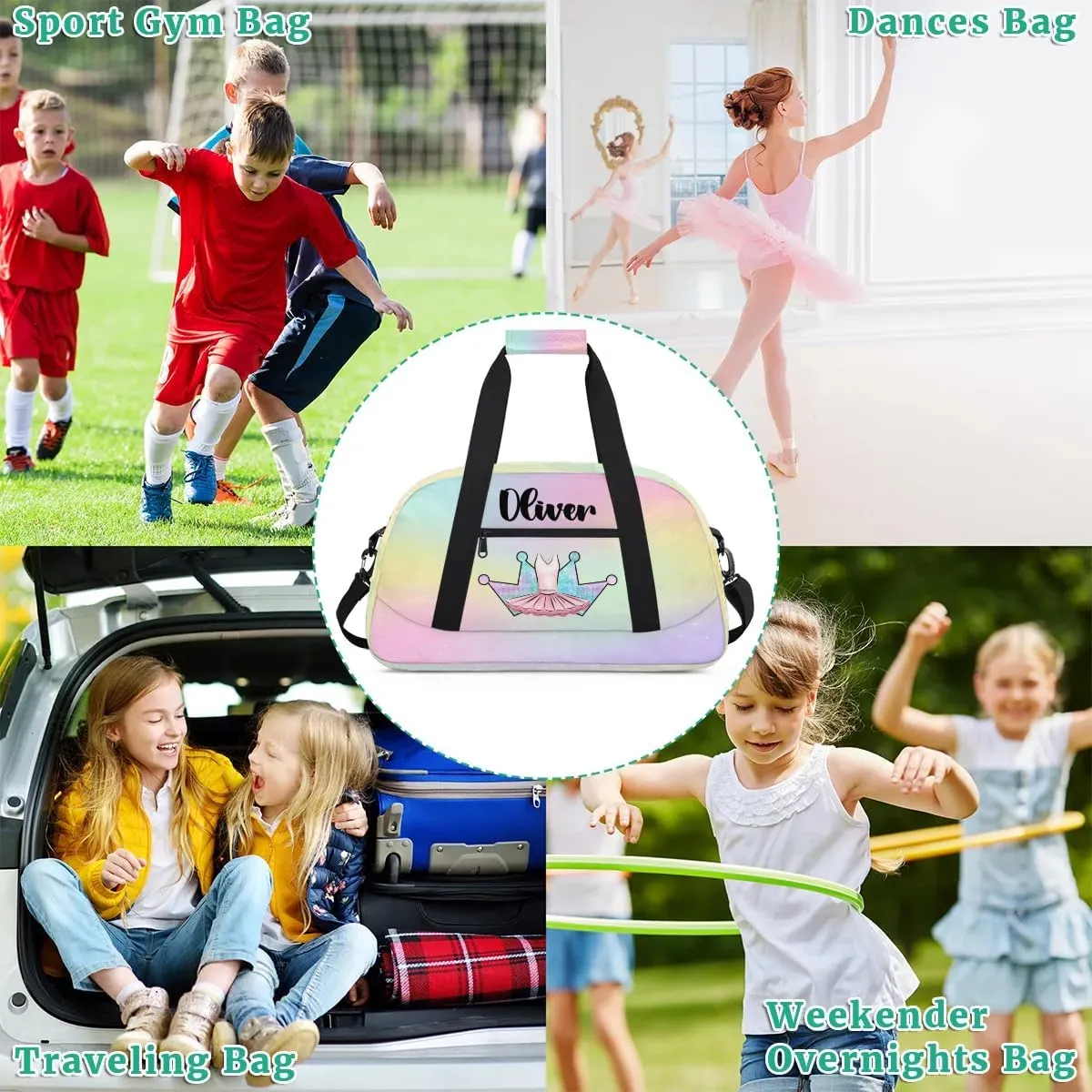 Custom Dance Bag Gymnastics Bag for Girl, Personalized Duffel Bag Sport Gym Bag Carry On Weekender Travel Bag Gift for Girl Colorful Crown Ballet Dress2