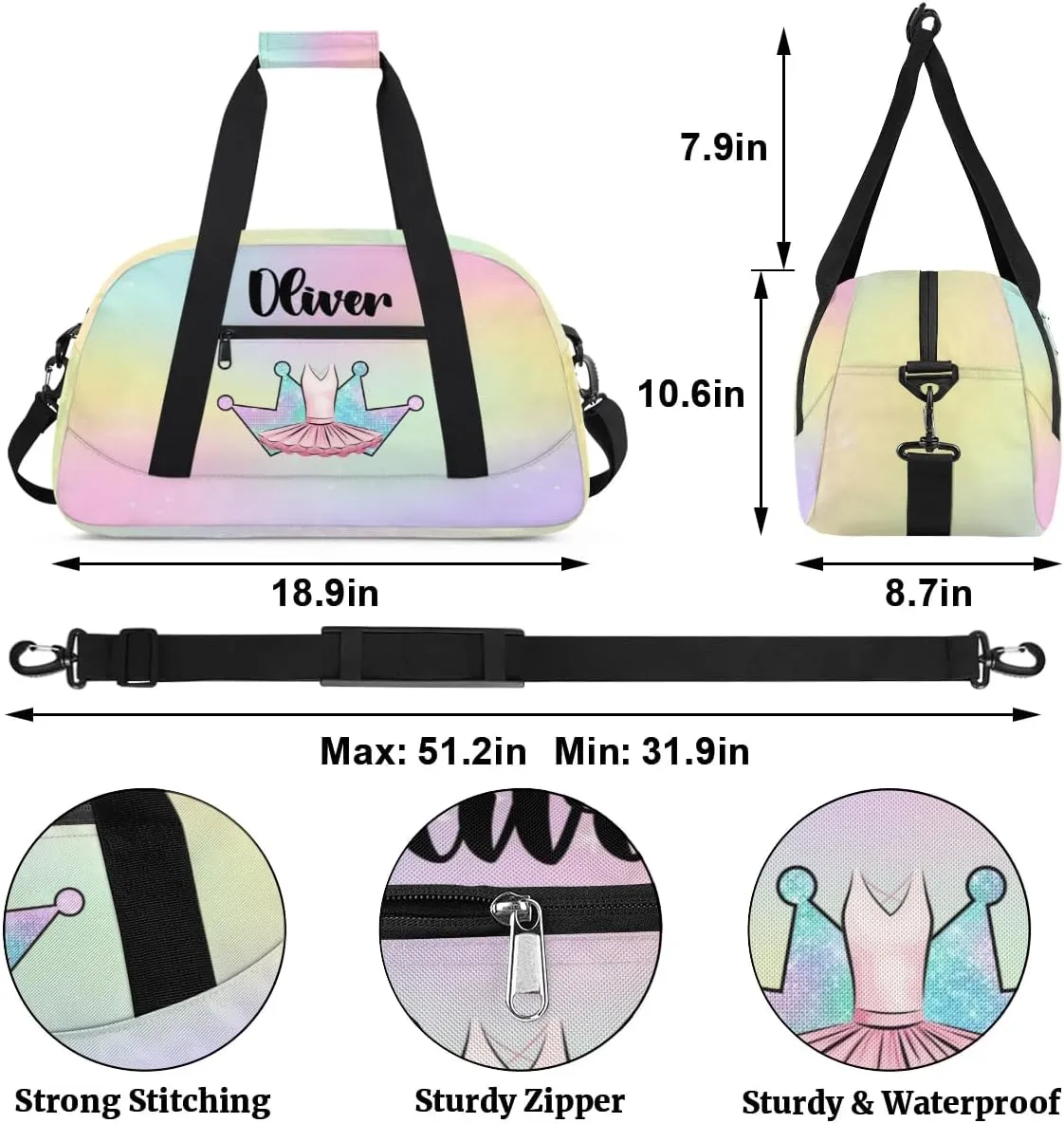 Custom Dance Bag Gymnastics Bag for Girl, Personalized Duffel Bag Sport Gym Bag Carry On Weekender Travel Bag Gift for Girl Colorful Crown Ballet Dress2