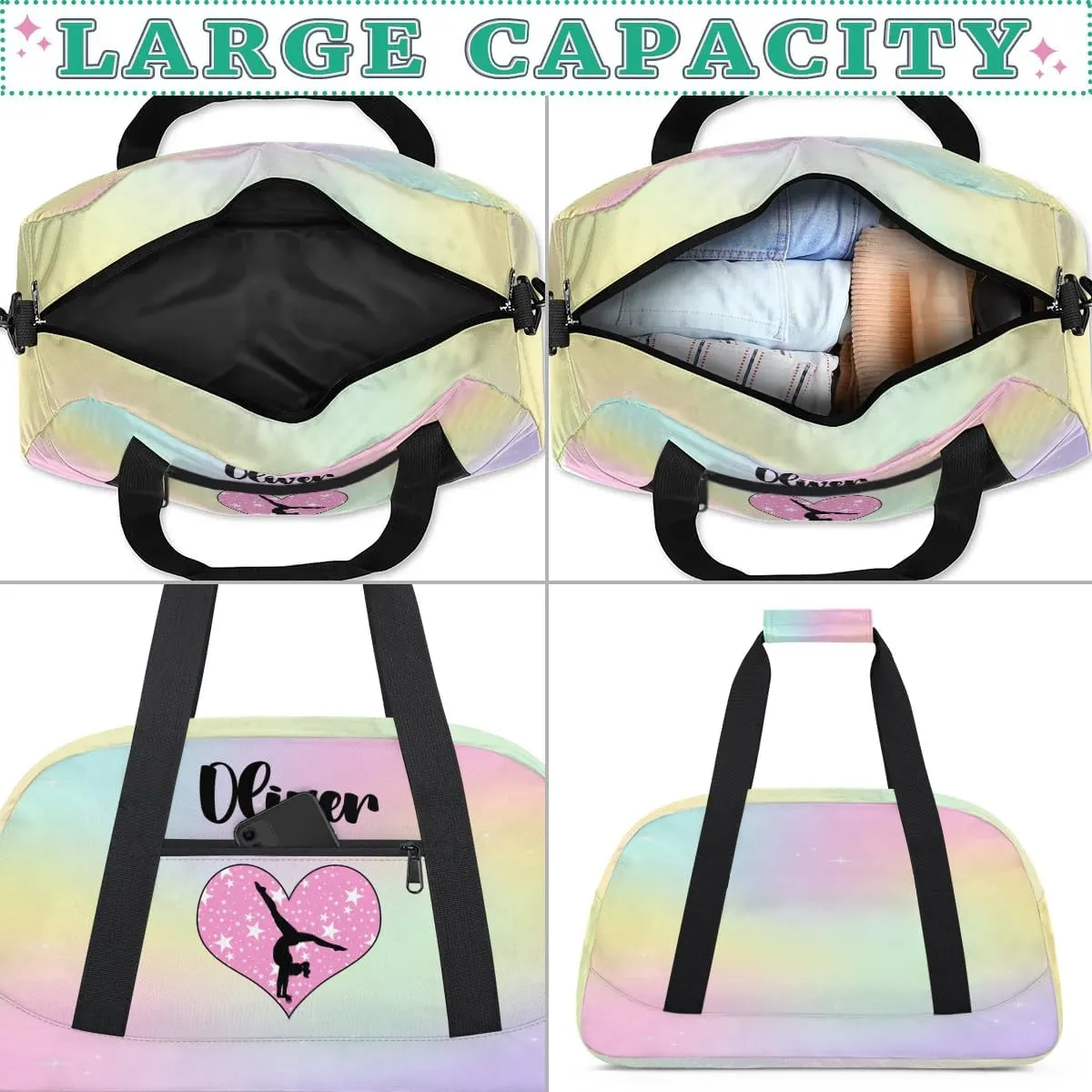 Custom Dance Bag Gymnastics Bag for Girl, Personalized Duffel Bag Sport Gym Bag Carry On Weekender Travel Bag Gift for Girl Pink Star Gymnasticas