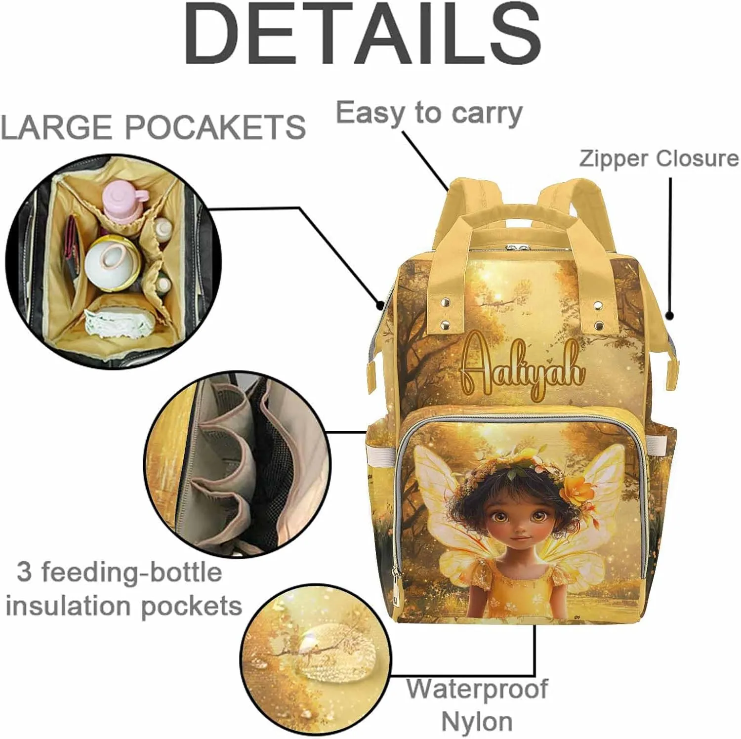 Custom Diaper Bag Backpack Baby Bag with Name Large Capacity Cute Girl Wings, Personalized Monogram Backpack for New Mom Dad with Adjustable Shoulder Straps