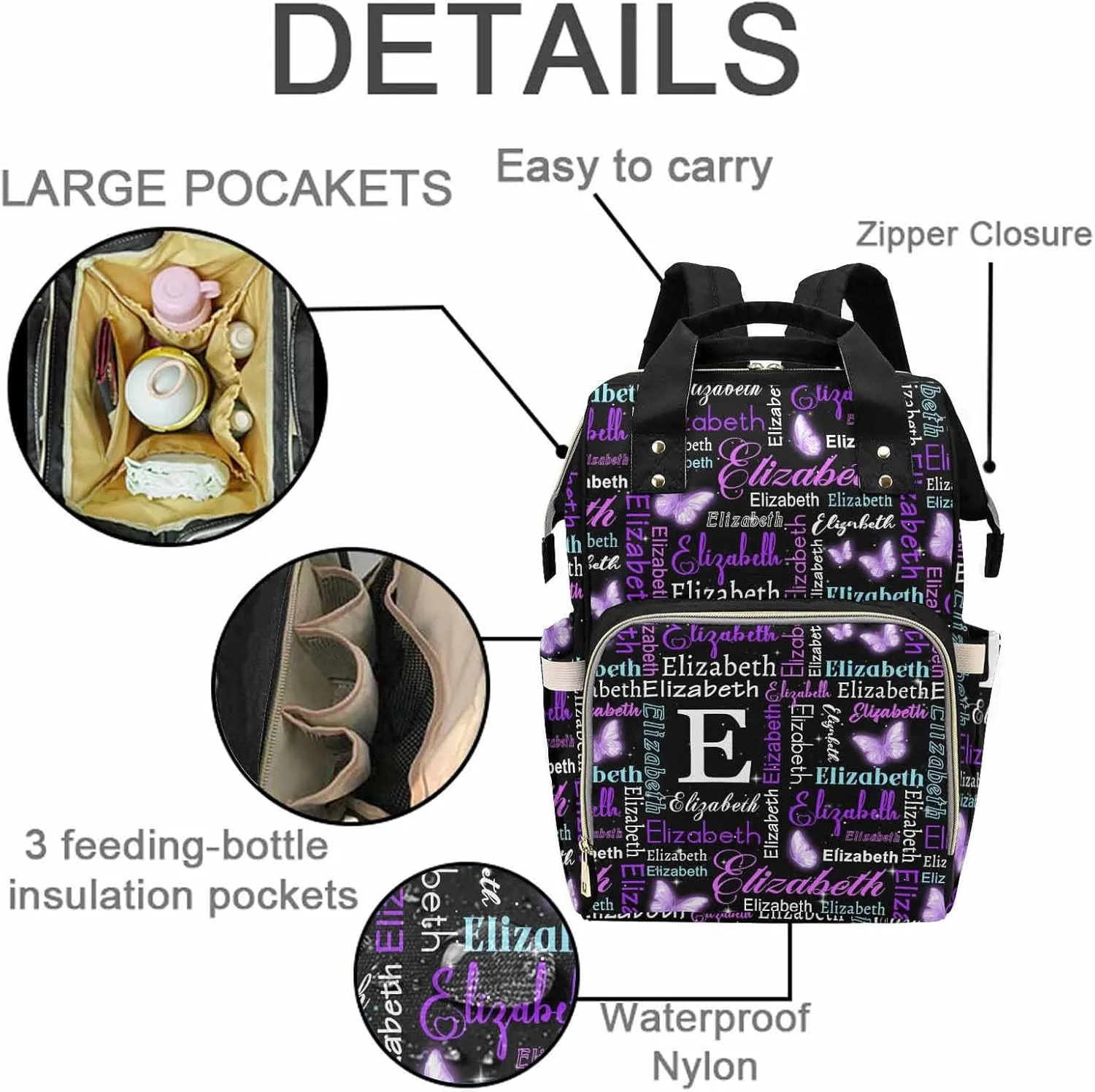 Custom Diaper Bag Personalized Monogram Butterfly Casual Nursing Mommy Daypack with Insulated Pocket Customized Cute Diaper Bag Backpack with Name or Holiday Travel