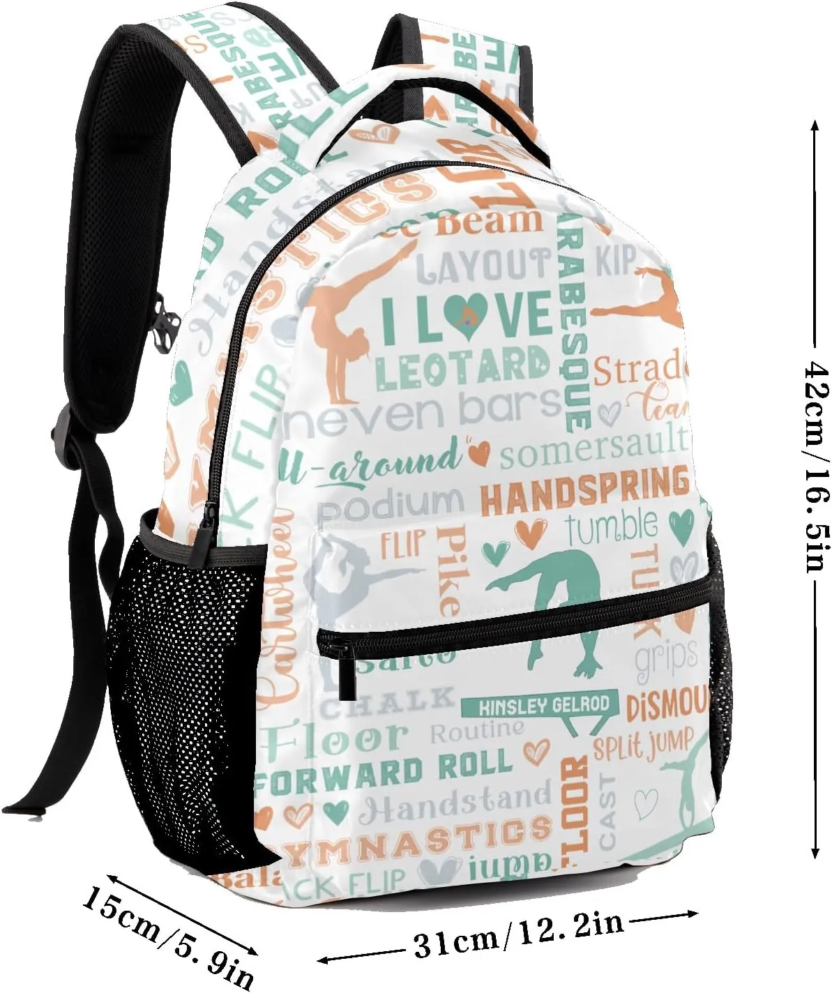 Custom Kid Backpack, Gymnast Girl Sport Life Mint Yellow Personalized School Bookbag with Your Own Name, Customization Casual Bookbags for Student Girls Boys