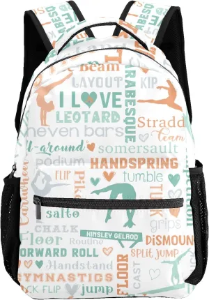 Custom Kid Backpack, Gymnast Girl Sport Life Mint Yellow Personalized School Bookbag with Your Own Name, Customization Casual Bookbags for Student Girls Boys