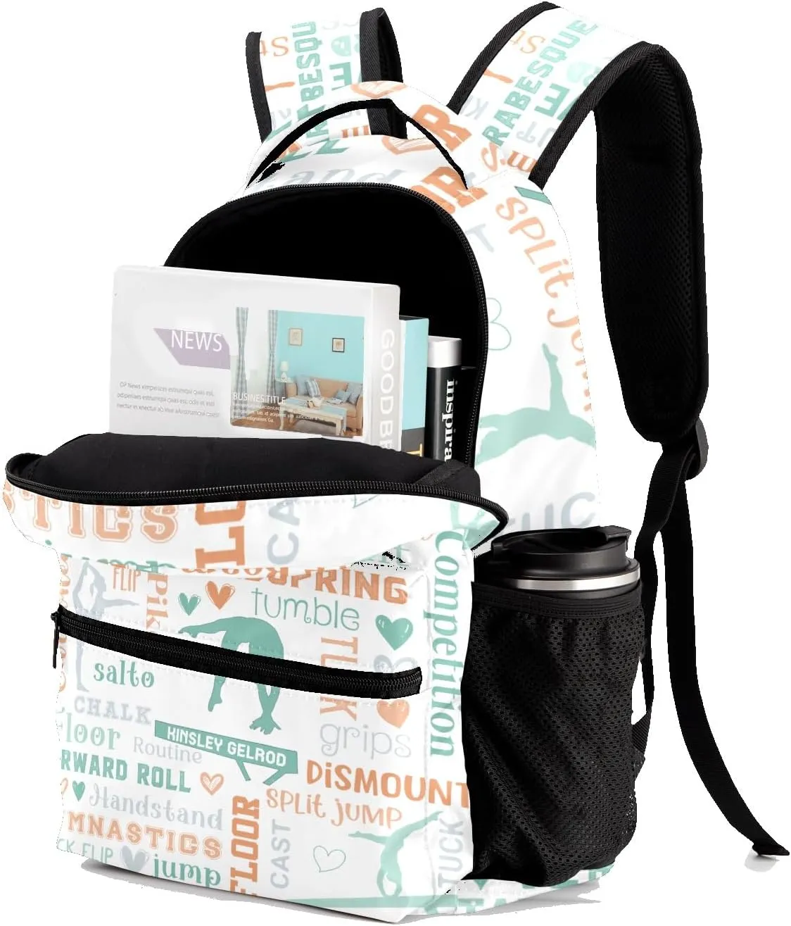 Custom Kid Backpack, Gymnast Girl Sport Life Mint Yellow Personalized School Bookbag with Your Own Name, Customization Casual Bookbags for Student Girls Boys