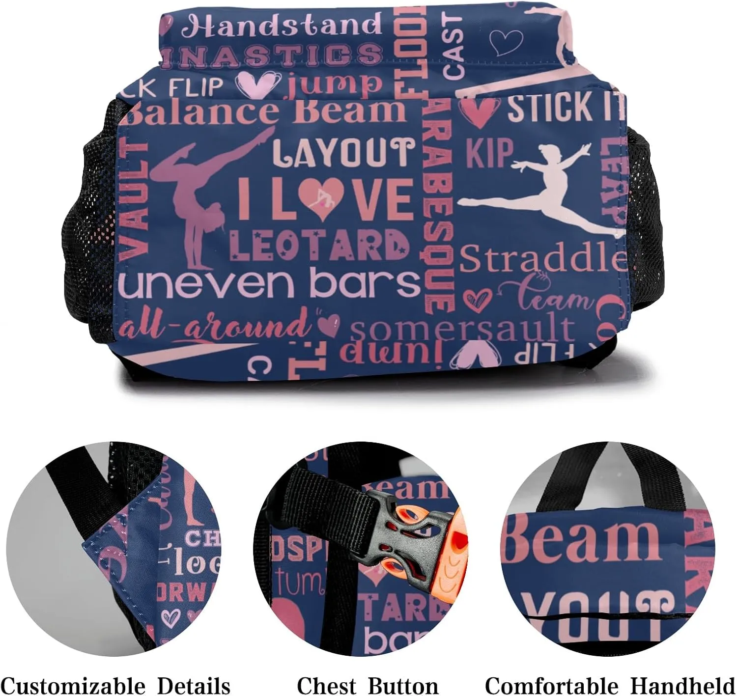Custom Kid Backpack, Love Gymnastics Gymnast Pink Personalized School Bookbag with Your Own Name, Customization Casual Bookbags for Student Girls Boys