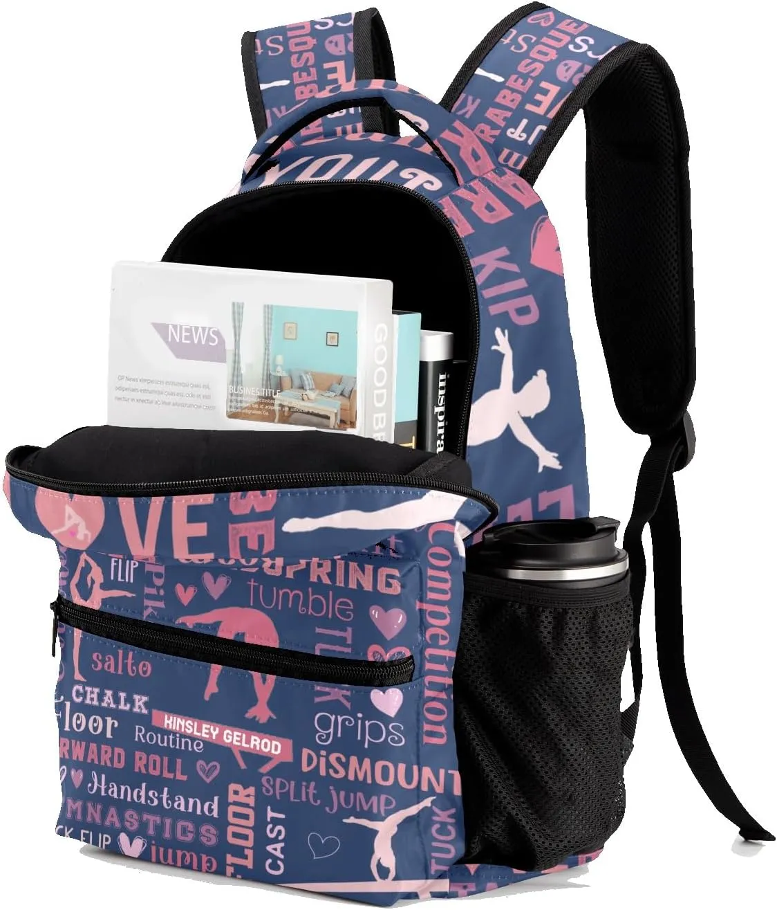 Custom Kid Backpack, Love Gymnastics Gymnast Pink Personalized School Bookbag with Your Own Name, Customization Casual Bookbags for Student Girls Boys