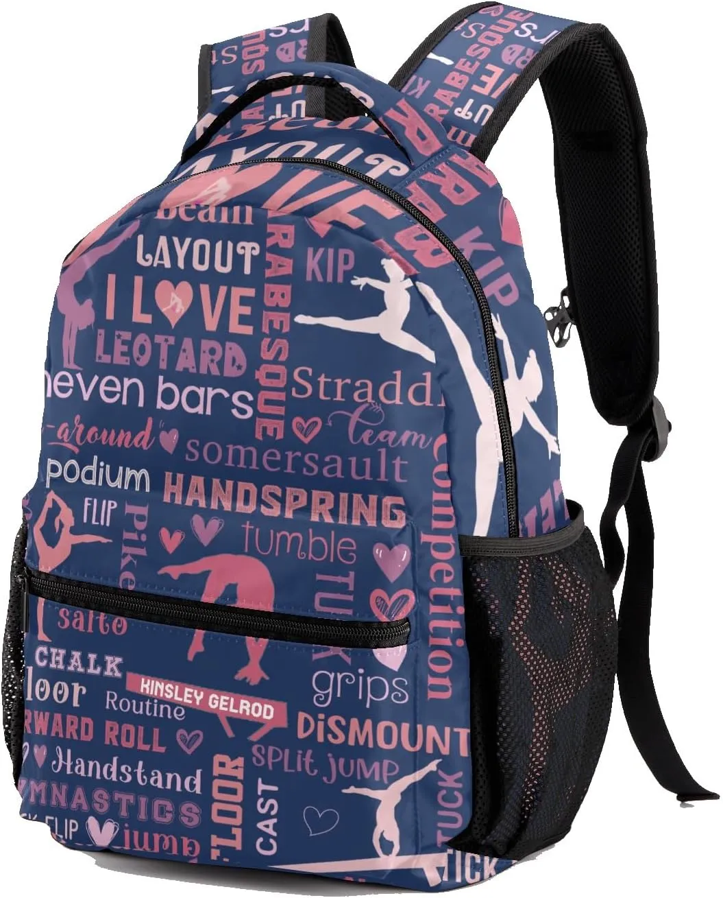 Custom Kid Backpack, Love Gymnastics Gymnast Pink Personalized School Bookbag with Your Own Name, Customization Casual Bookbags for Student Girls Boys