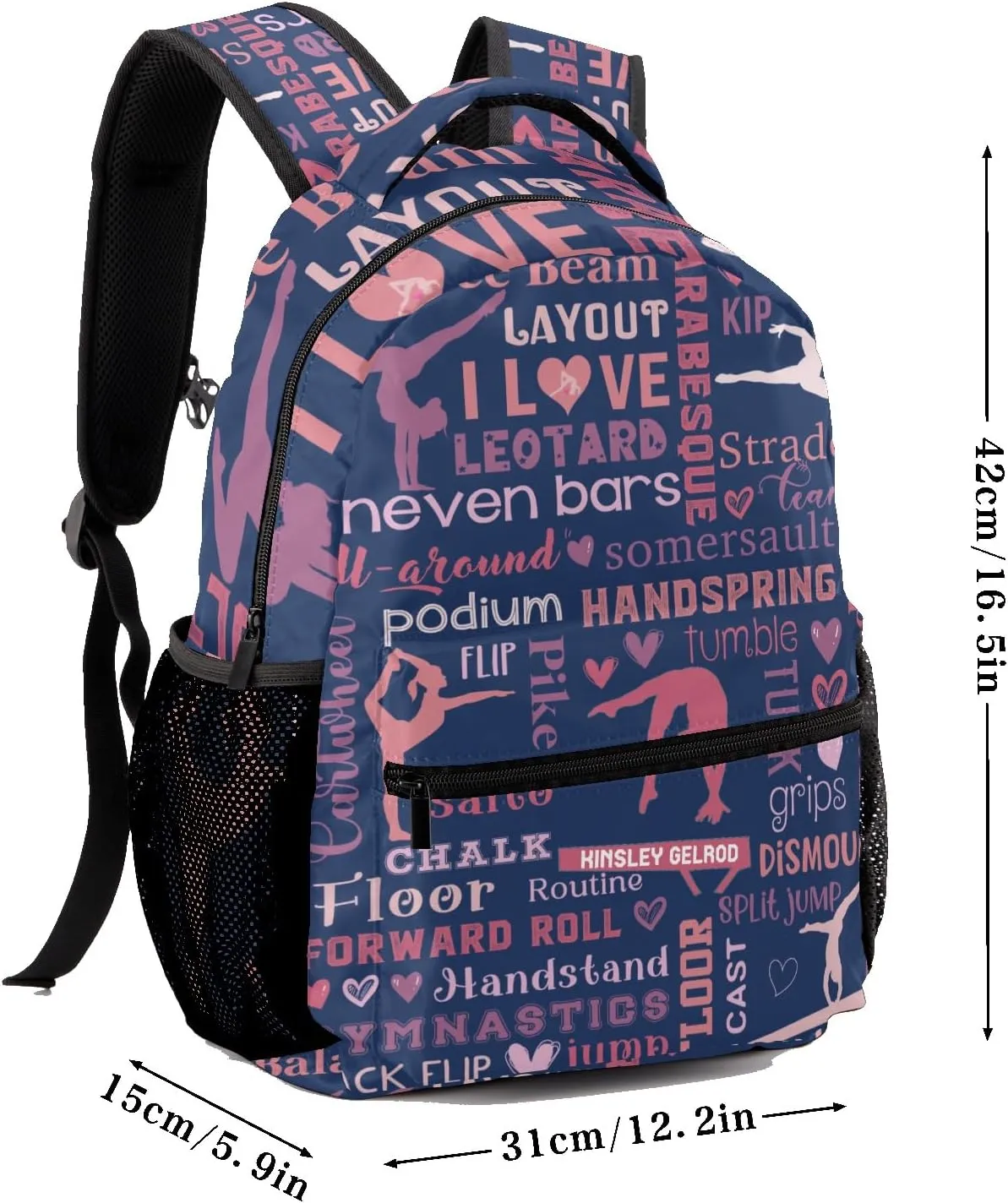 Custom Kid Backpack, Love Gymnastics Gymnast Pink Personalized School Bookbag with Your Own Name, Customization Casual Bookbags for Student Girls Boys