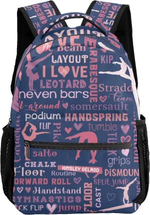 Custom Kid Backpack, Love Gymnastics Gymnast Pink Personalized School Bookbag with Your Own Name, Customization Casual Bookbags for Student Girls Boys