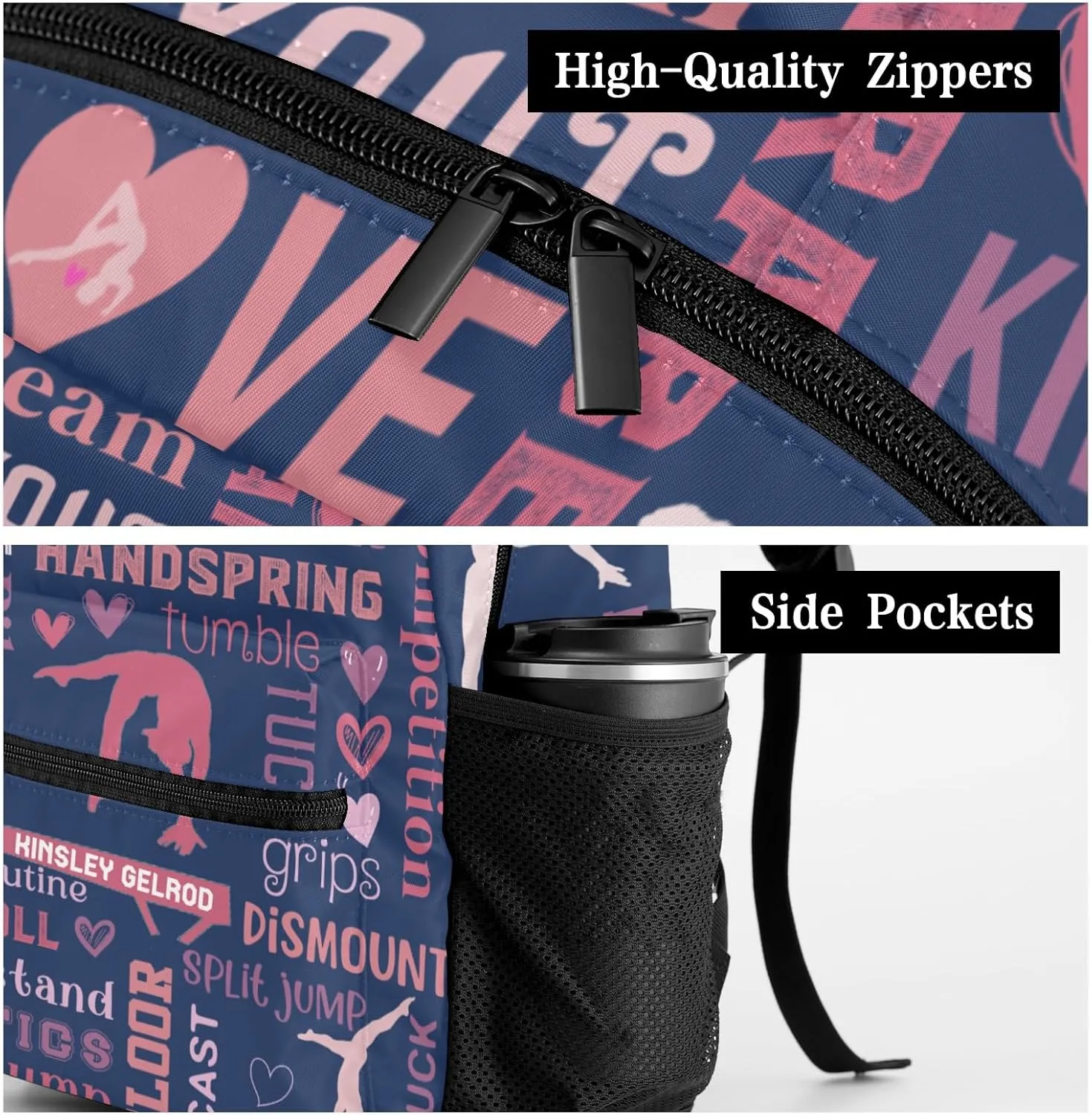 Custom Kid Backpack, Love Gymnastics Gymnast Pink Personalized School Bookbag with Your Own Name, Customization Casual Bookbags for Student Girls Boys
