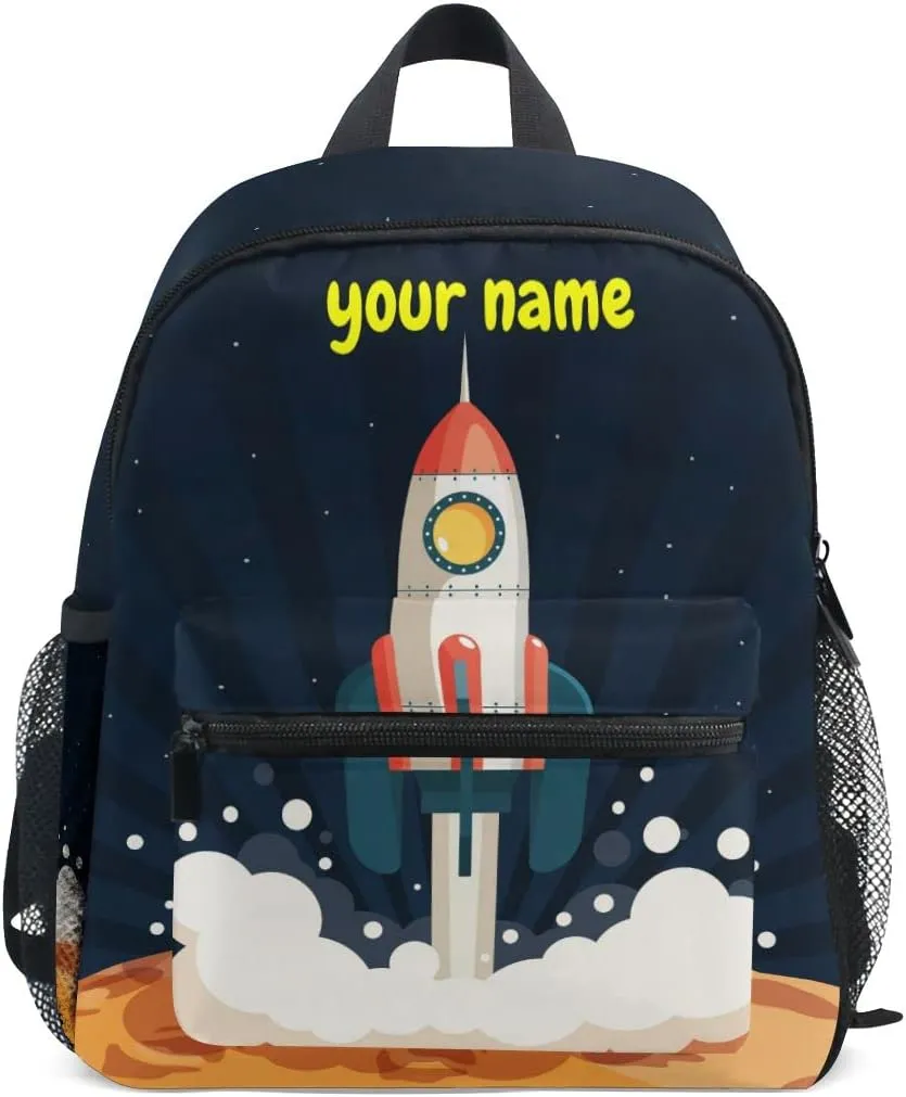 Custom Kid's Name Backpack, Cartoon Rocket Toddler Backpack for Daycare Travel, Personalized Name Preschool Bookbags for Boys Girls