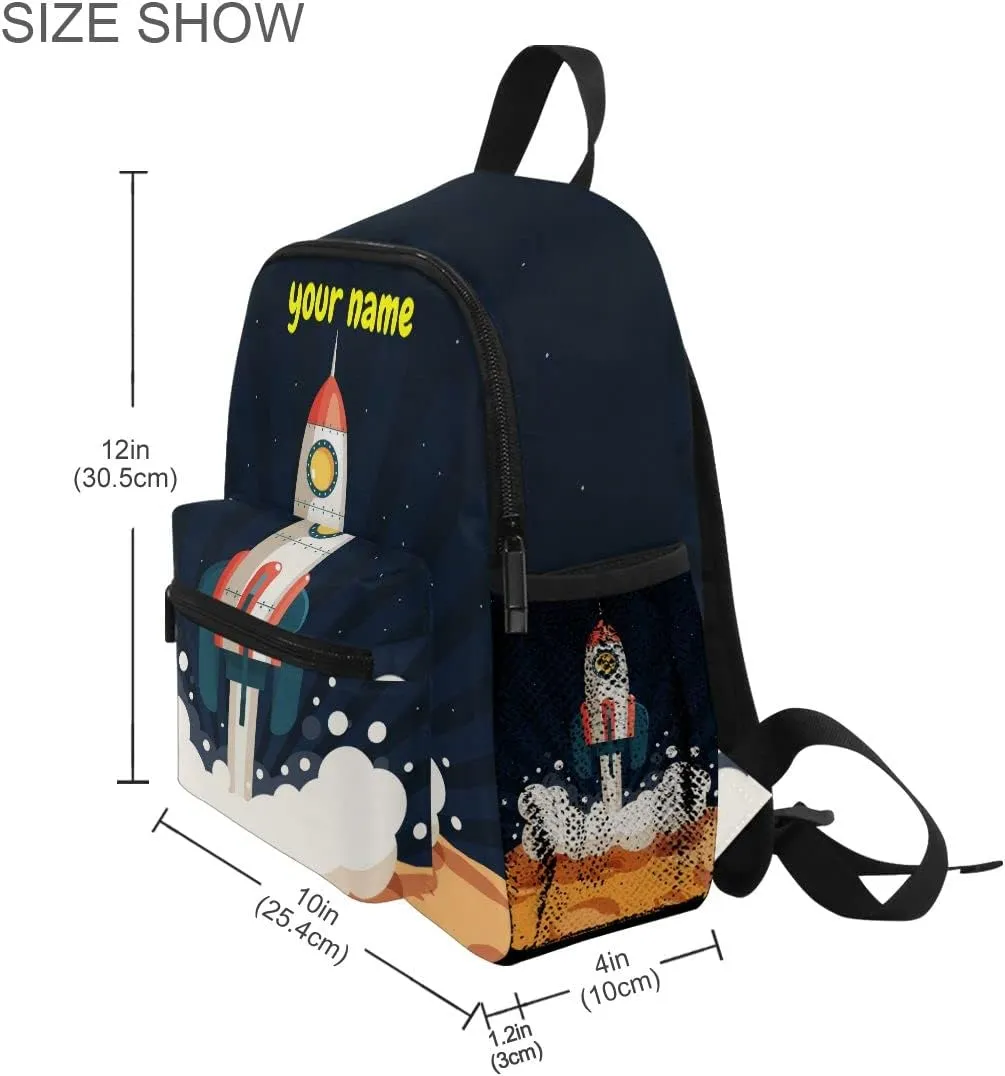 Custom Kid's Name Backpack, Cartoon Rocket Toddler Backpack for Daycare Travel, Personalized Name Preschool Bookbags for Boys Girls