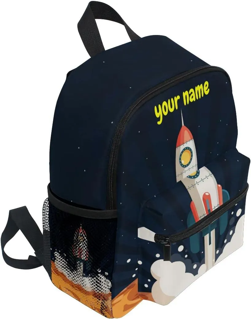 Custom Kid's Name Backpack, Cartoon Rocket Toddler Backpack for Daycare Travel, Personalized Name Preschool Bookbags for Boys Girls