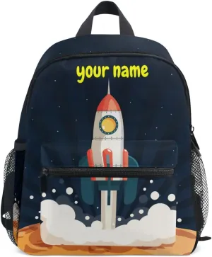 Custom Kid's Name Backpack, Cartoon Rocket Toddler Backpack for Daycare Travel, Personalized Name Preschool Bookbags for Boys Girls