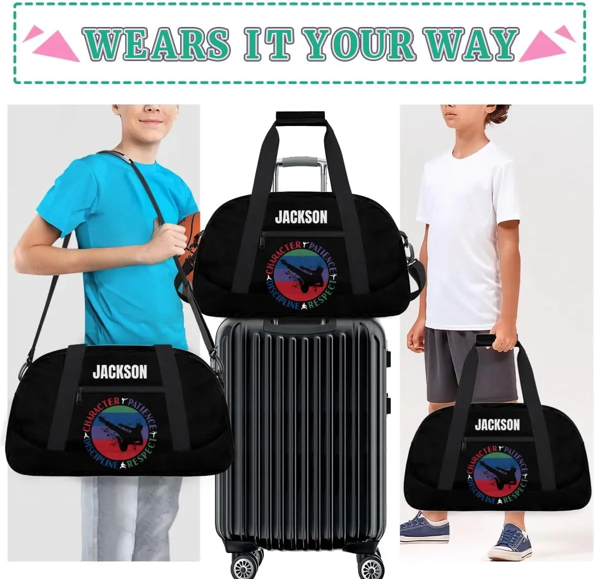 Custom Kids Taekwondo Bag Sport Gym Bag for Boy, Personalized Duffel Bag Carry On Weekender Travel Bag Gift for Taekwondo Lover Red Green Boy