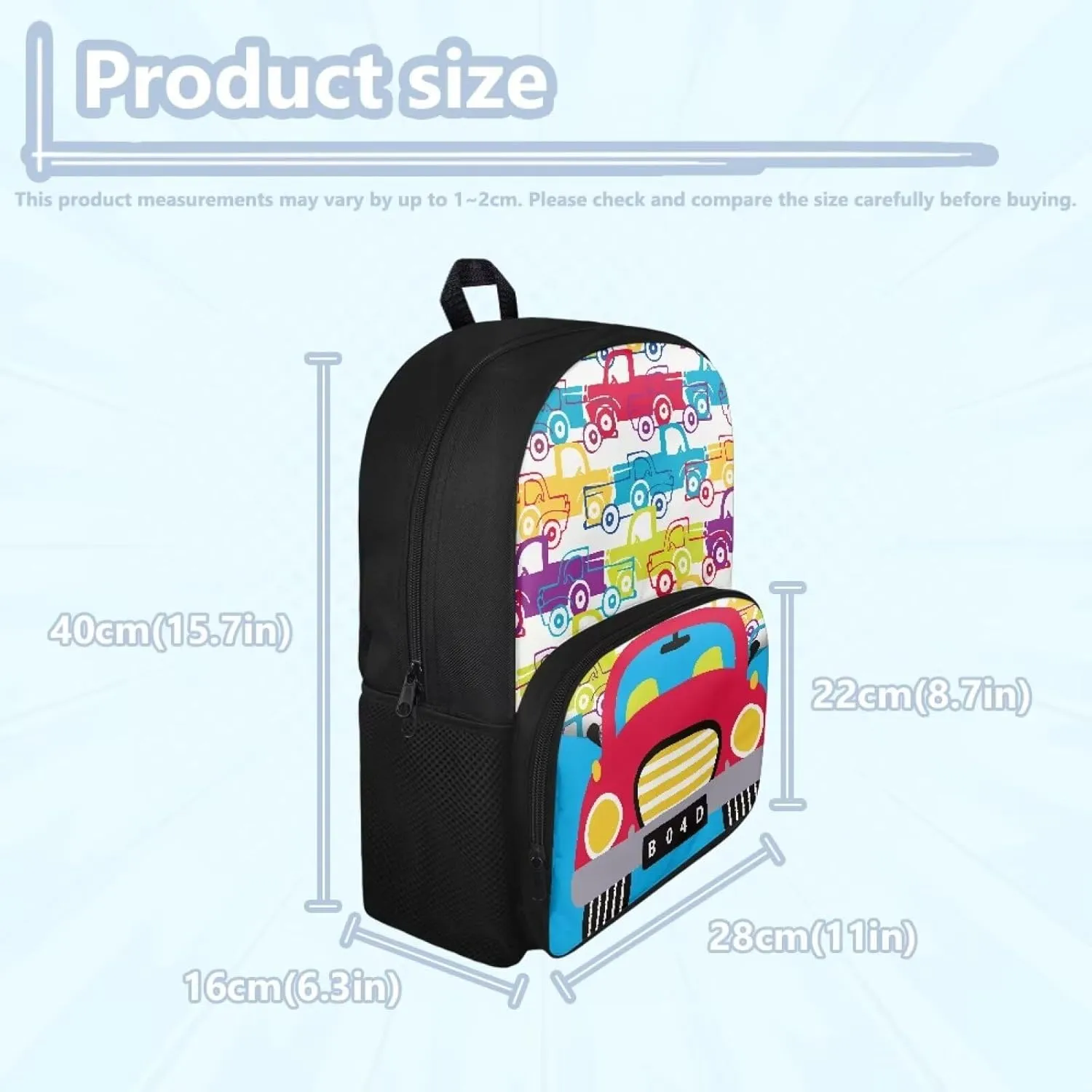 Custom Name Color Car Print Cute Backpack for Toddler & Child Ages 4-6, 15.7x11x6.3 In Preschool Bag with Internal Pocket, Side Mesh Pockets, Bookbag for Learn Supplies & Birthday Gifts