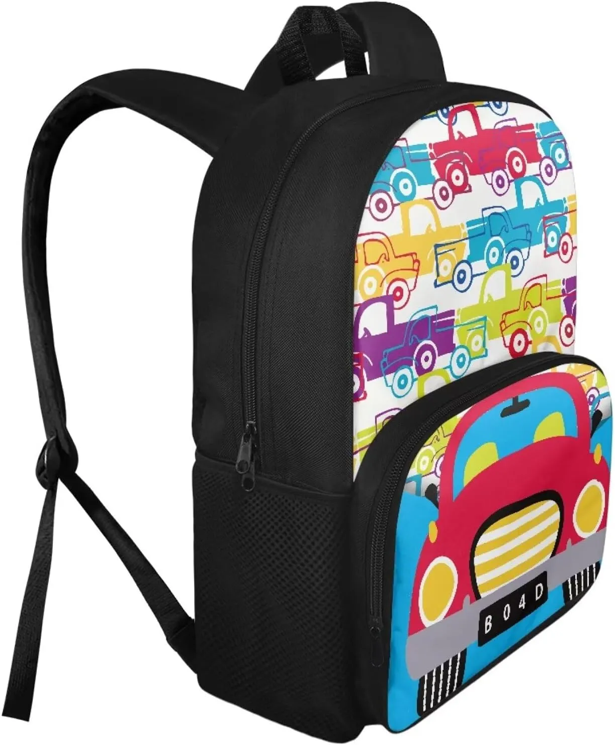 Custom Name Color Car Print Cute Backpack for Toddler & Child Ages 4-6, 15.7x11x6.3 In Preschool Bag with Internal Pocket, Side Mesh Pockets, Bookbag for Learn Supplies & Birthday Gifts
