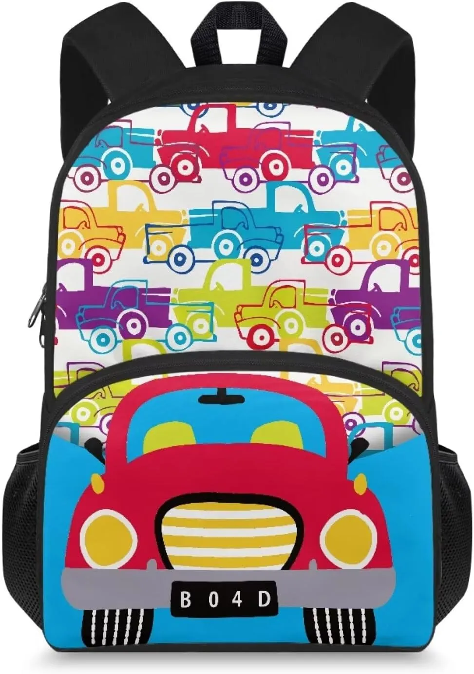 Custom Name Color Car Print Cute Backpack for Toddler & Child Ages 4-6, 15.7x11x6.3 In Preschool Bag with Internal Pocket, Side Mesh Pockets, Bookbag for Learn Supplies & Birthday Gifts