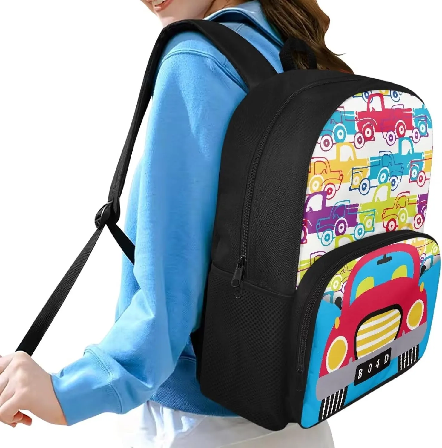 Custom Name Color Car Print Cute Backpack for Toddler & Child Ages 4-6, 15.7x11x6.3 In Preschool Bag with Internal Pocket, Side Mesh Pockets, Bookbag for Learn Supplies & Birthday Gifts